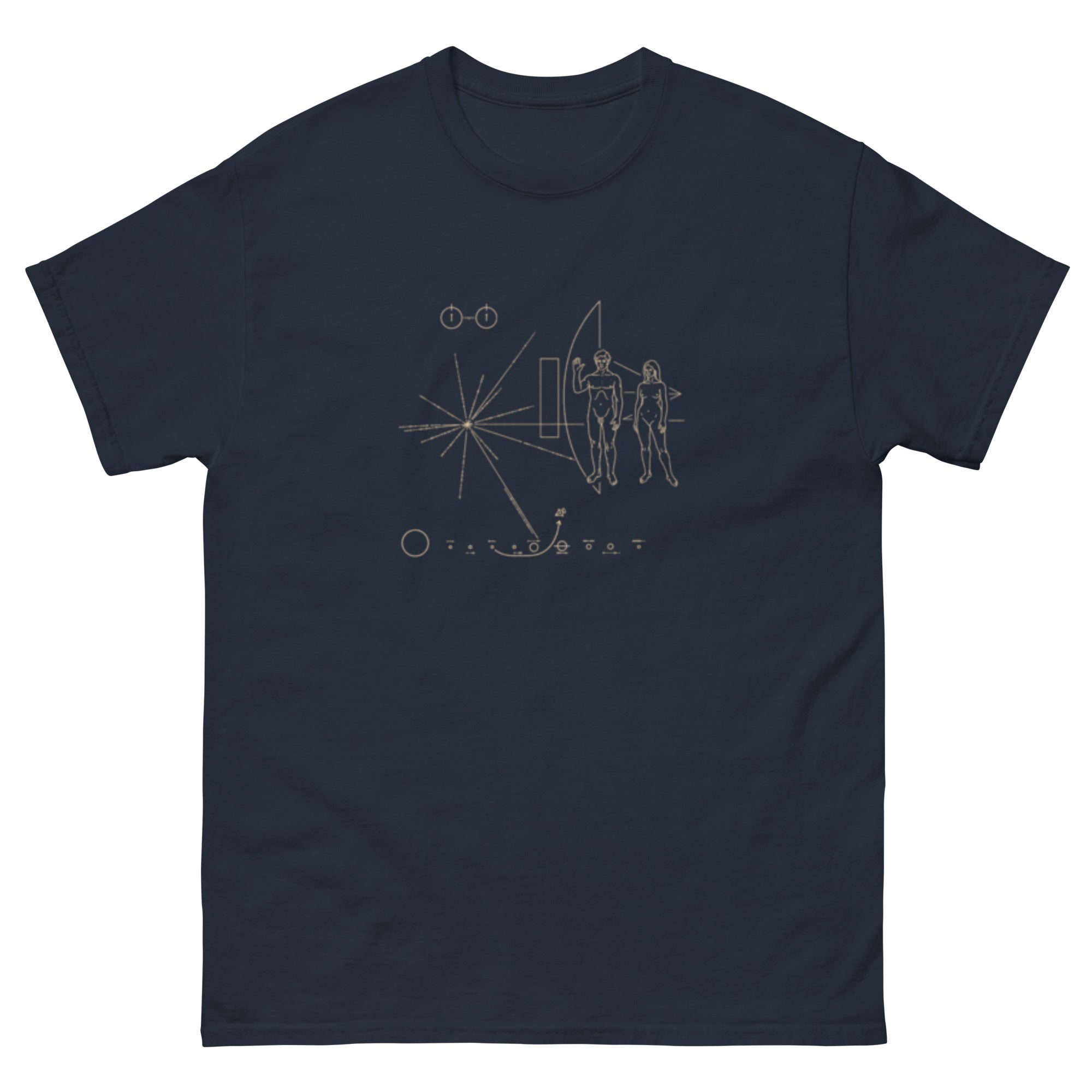 T-skjorte med referanse til Pioneer plaque, de historiske metallplatene som fulgte Pioneer 10 og Pioneer 11 ut i verdensrommet.