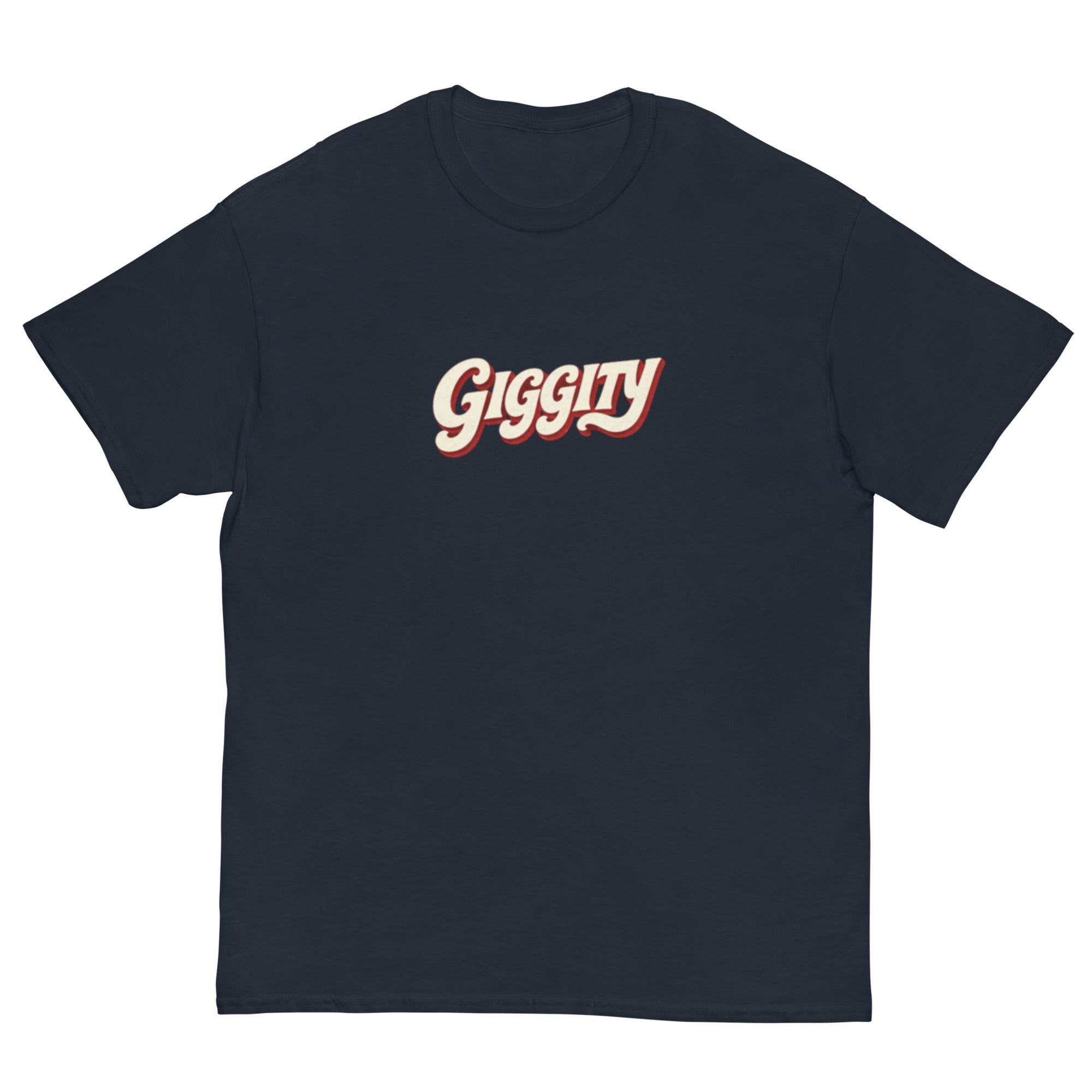 T-skjorte med ordet Giggity i stor kremfarget retrotypografi med rød skygge på transparent bakgrunn.