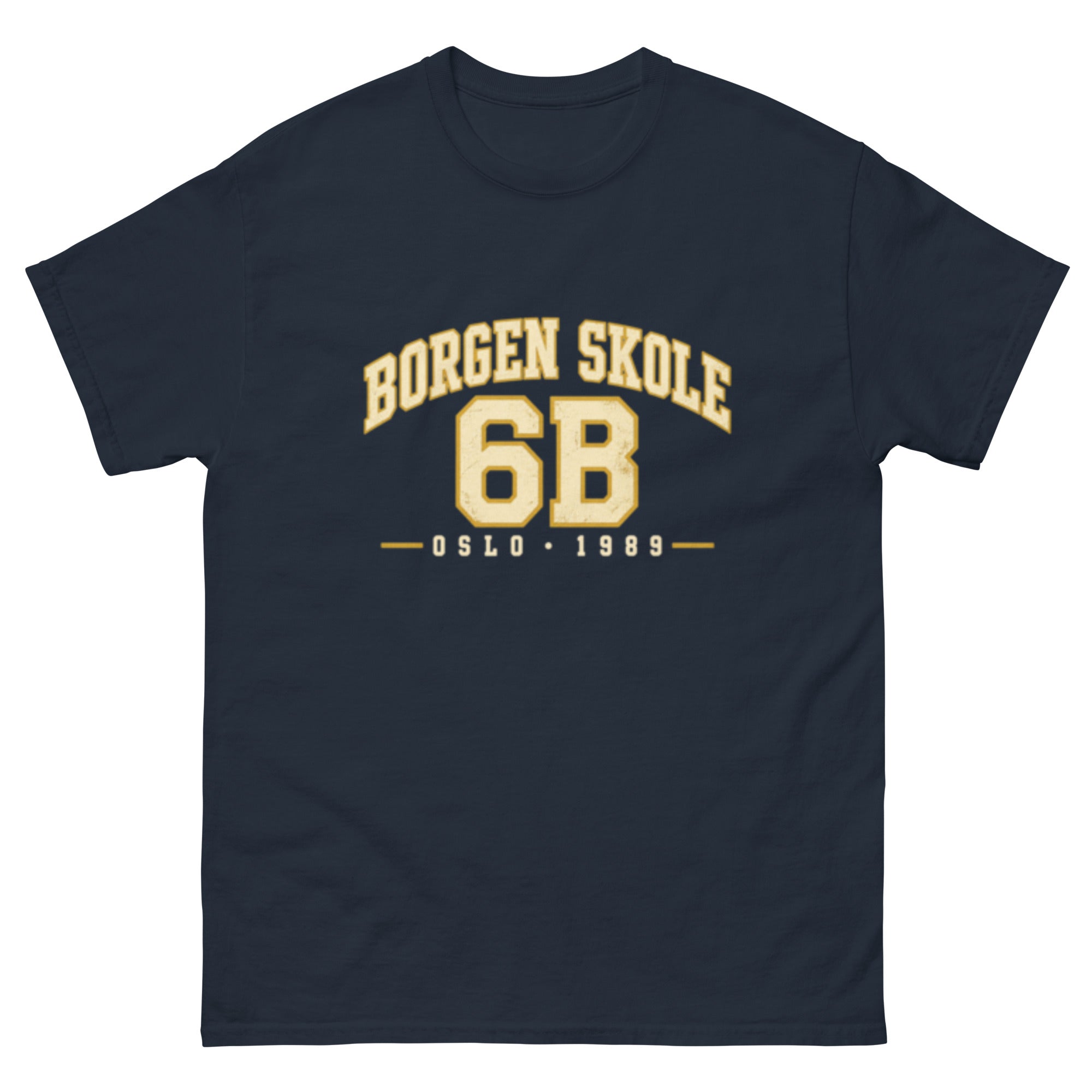 T-skjorte med teksten Borgen skole i buede collegebokstaver, stort 6B og Oslo 1989 under.

