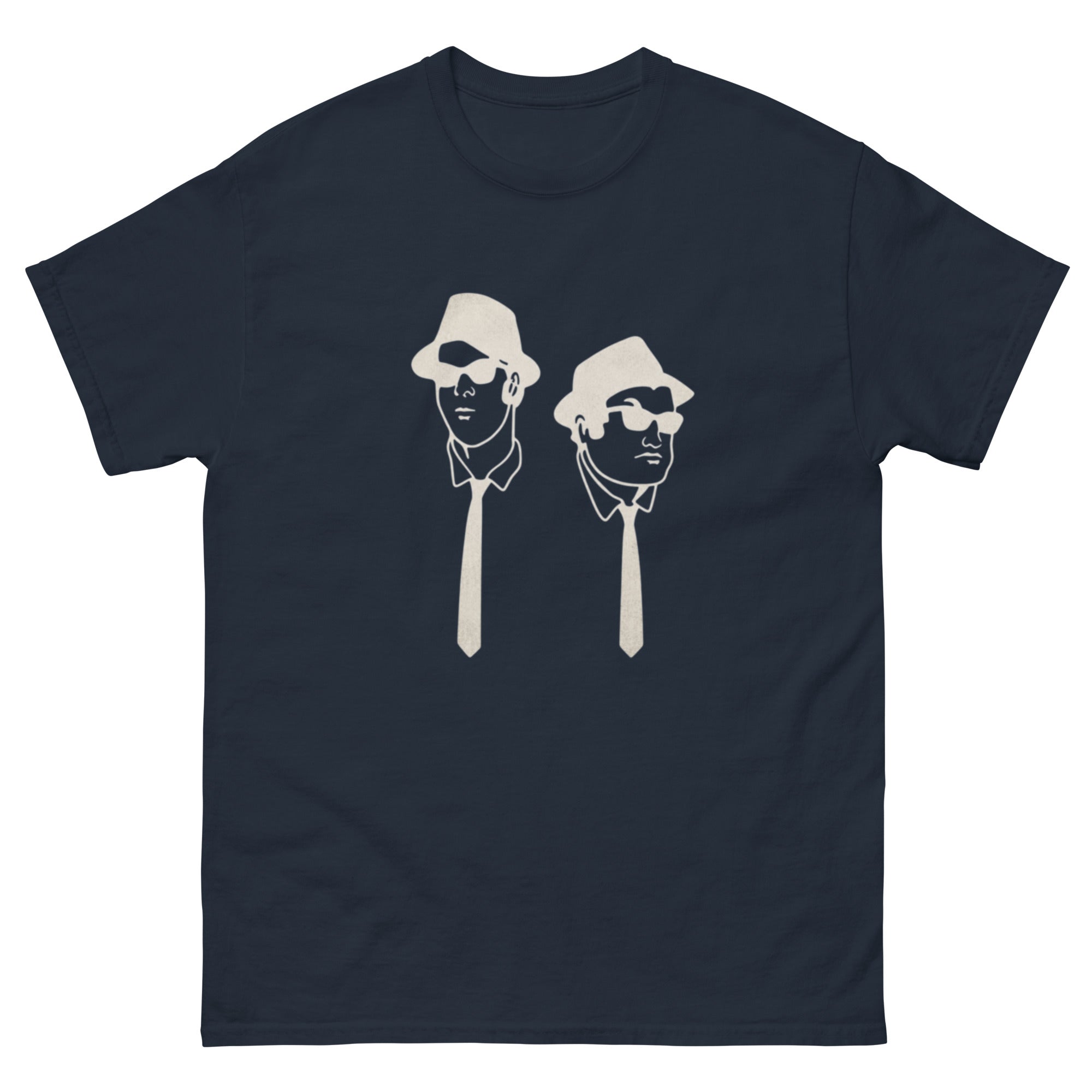 Minimalistisk retroillustrasjon av Jake og Elwood fra The Blues Brothers med fedora-hatter, solbriller og slips i svart og offwhite.