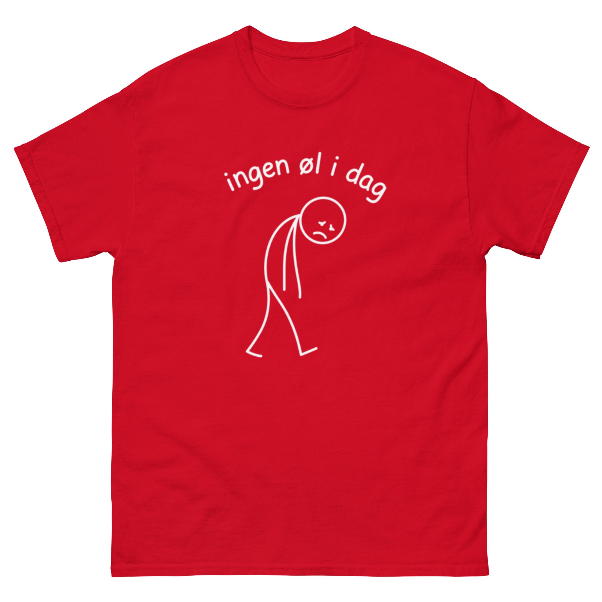 Illustrasjon av en trist strekfigur med bøyd hode og teksten «Ingen øl i dag». Humoristisk motiv inspirert av ølkultur, dagen derpå og norsk humor.
