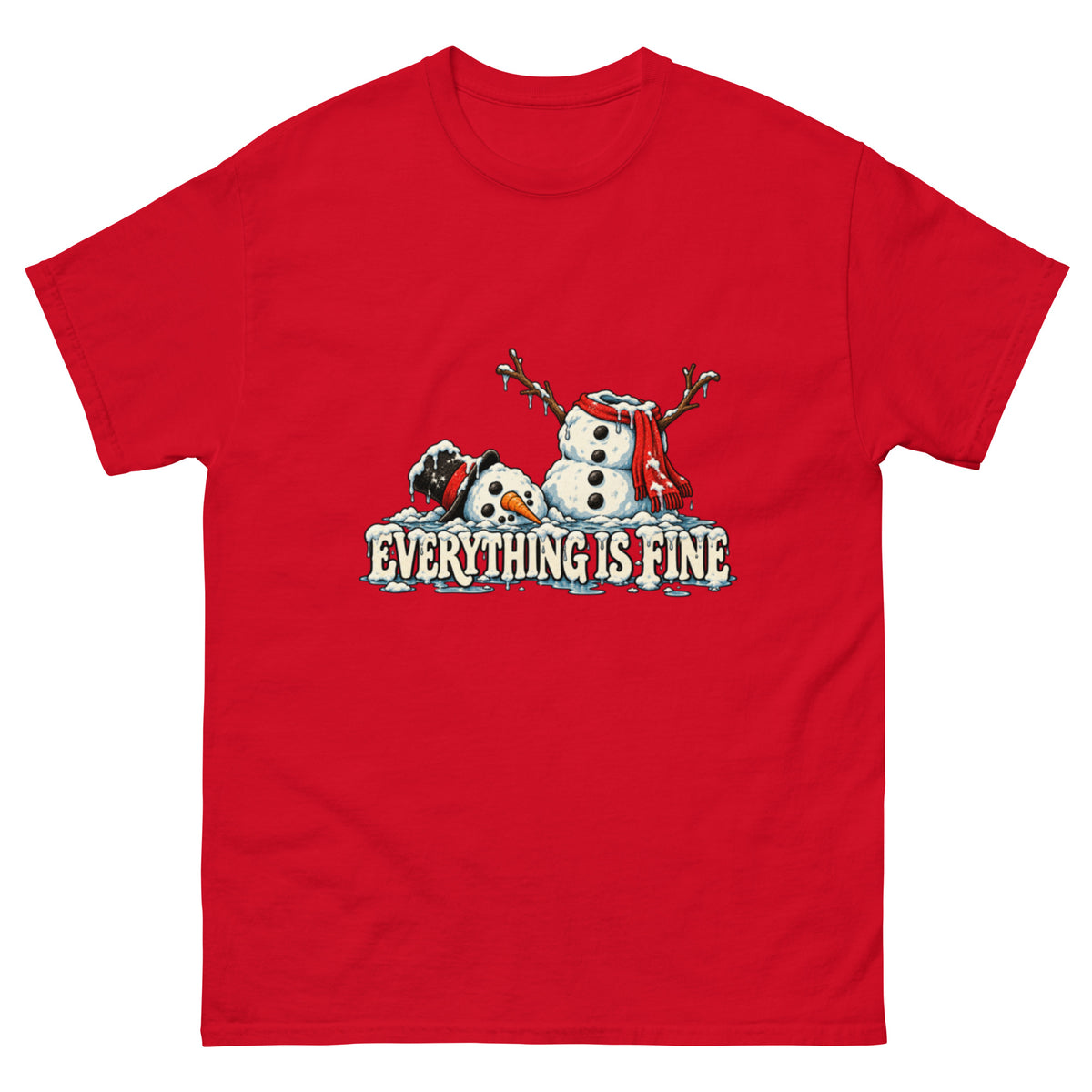 Everything Is Fine T-skjorte med humoristisk illustrasjon av en smeltende snømann med rødt skjerf, hodet på bakken og snødekt tekst i retrostil. Kopier