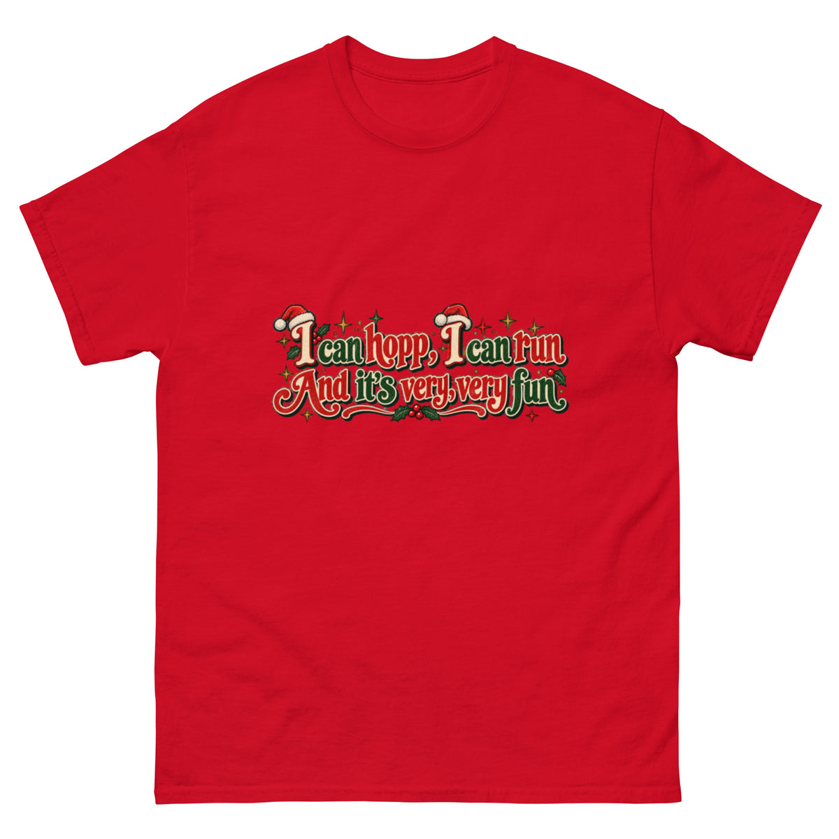 I Can Hop I Can Run Støveldance T-skjorte med rød, grønn og kremhvit retrotypografi, nisseluer og juledekorasjoner, inspirert av The Julekalender.
