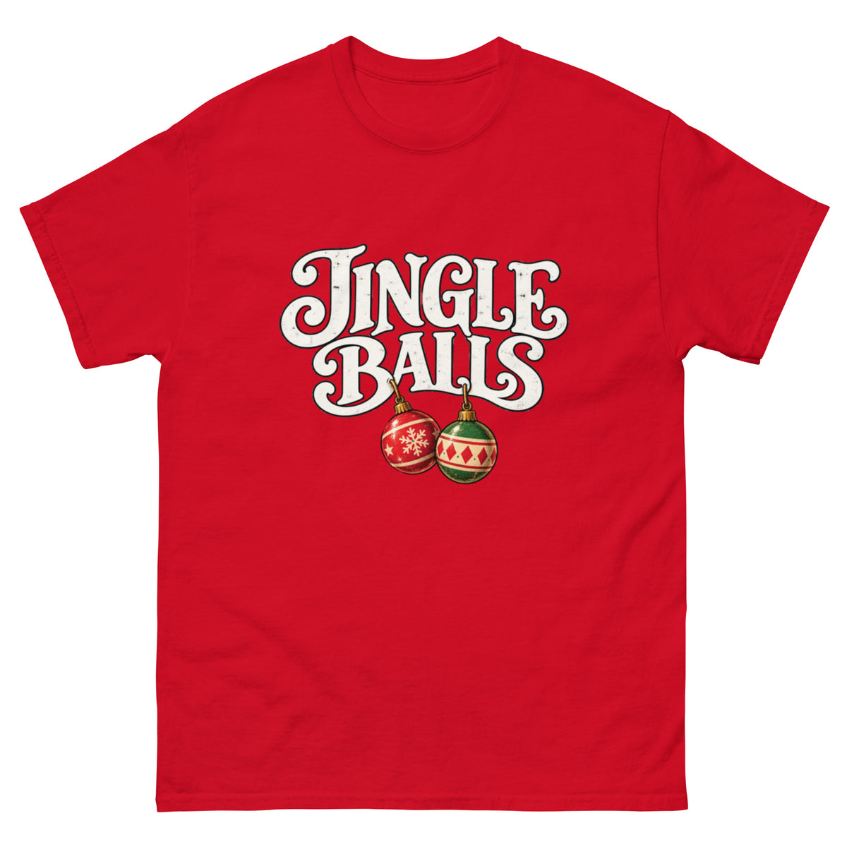 Jingle Balls T-skjorte med store kremhvite retrobokstaver og to hengende julekuler i rødt og grønt, humoristisk julemotiv inspirert av Jingle Bells.