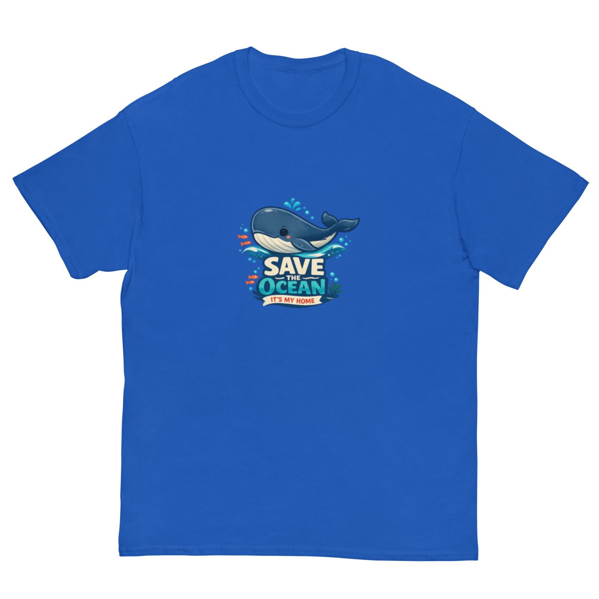 Save the Ocean t-skjorte med en smilende blå hval, bølger, fisk, bobler og teksten It’s My Home.
