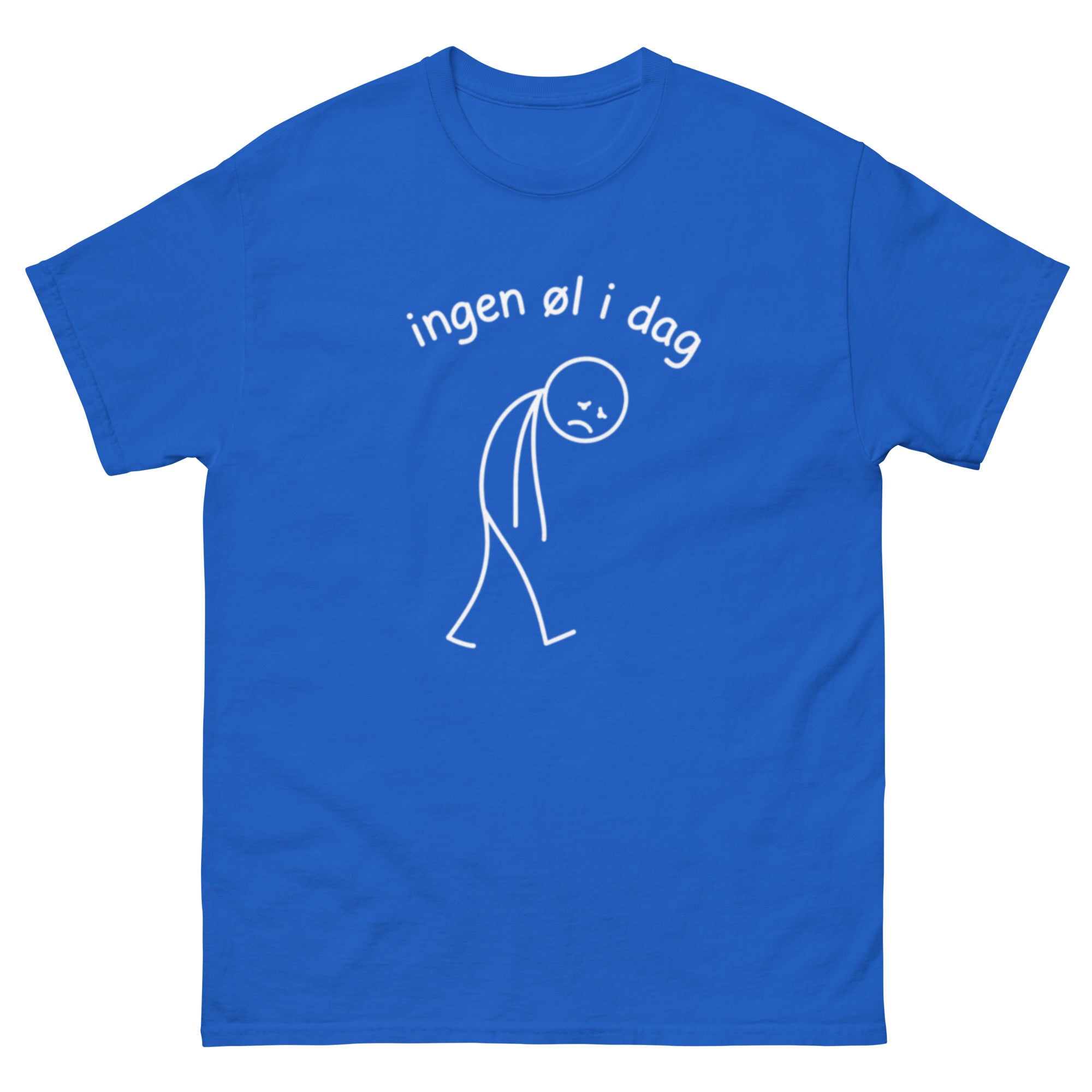 Illustrasjon av en trist strekfigur med bøyd hode og teksten «Ingen øl i dag». Humoristisk motiv inspirert av ølkultur, dagen derpå og norsk humor.