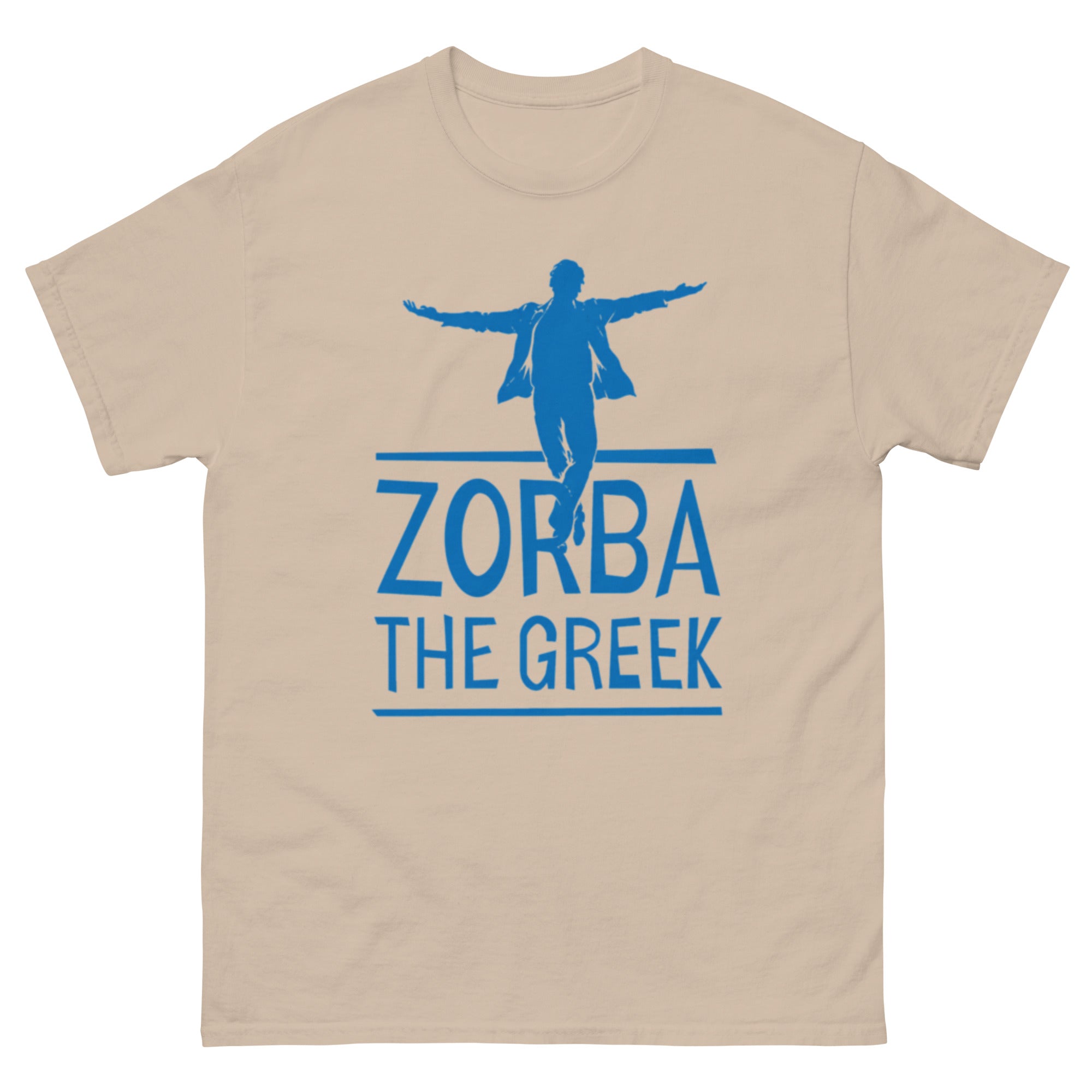 Minimalistisk silhuett av en mann med utstrakte armer over teksten «Zorba the Greek». Design inspirert av den klassiske filmen og den ikoniske greske dansescenen, perfekt for fans av Hellas og filmnostalgi.