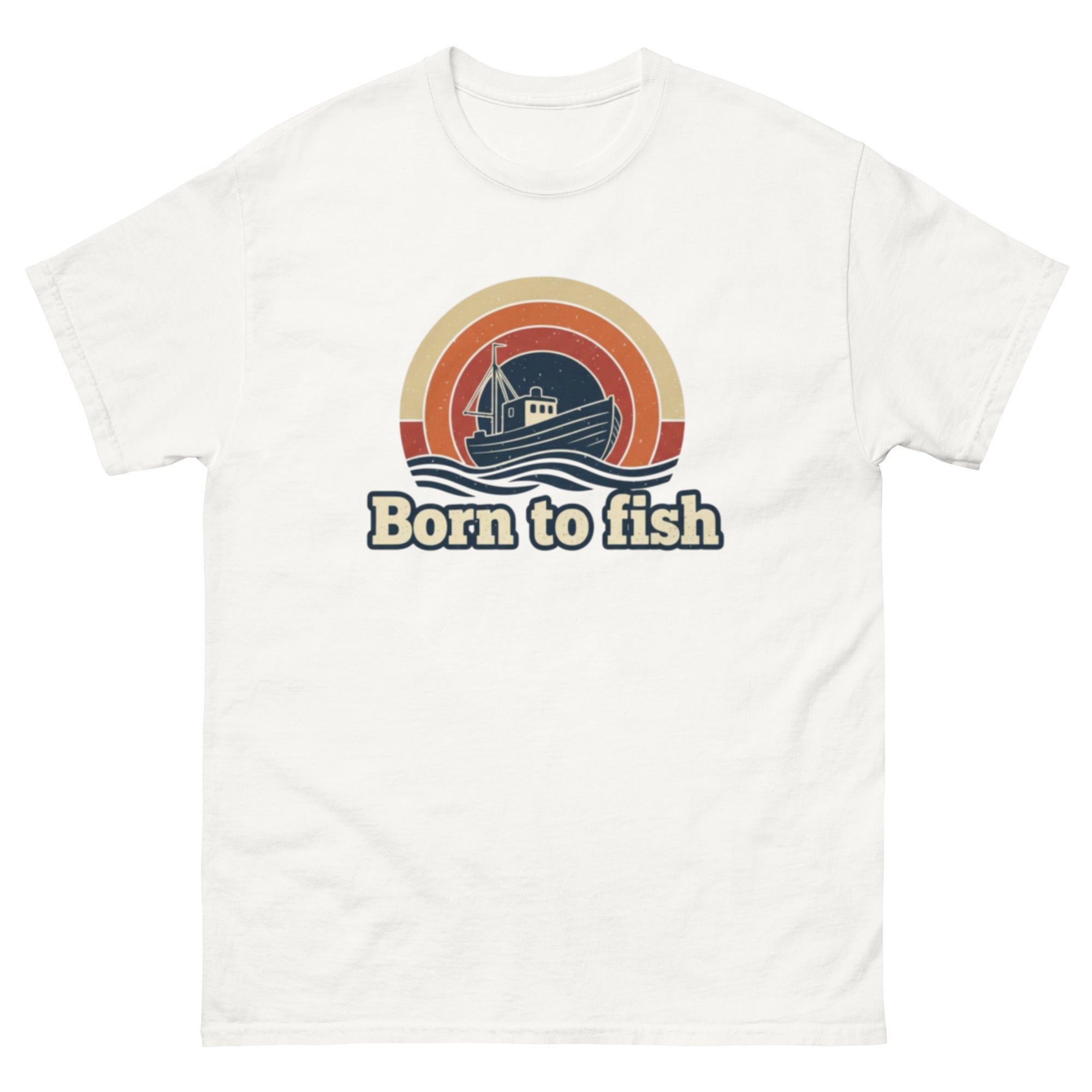 T-skjorte med teksten Born to fish i retro stil, inspirert av fiske og klassisk grafisk uttrykk