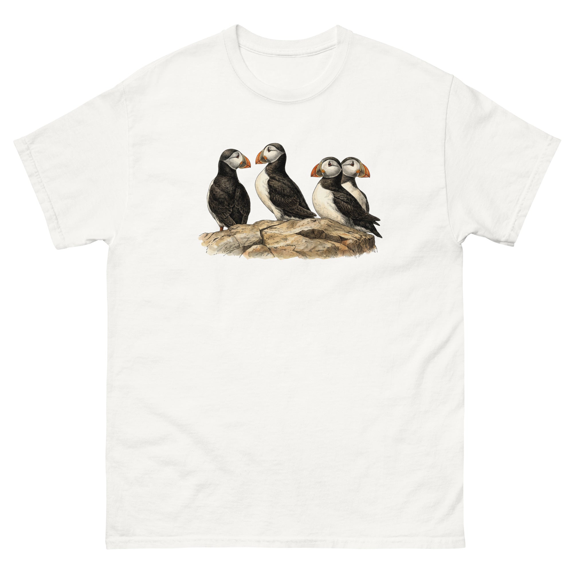 T-skjorte med lundefugl tegnet i vintage vitenskapsstil, inspirert av klassiske naturbøker og illustrasjoner