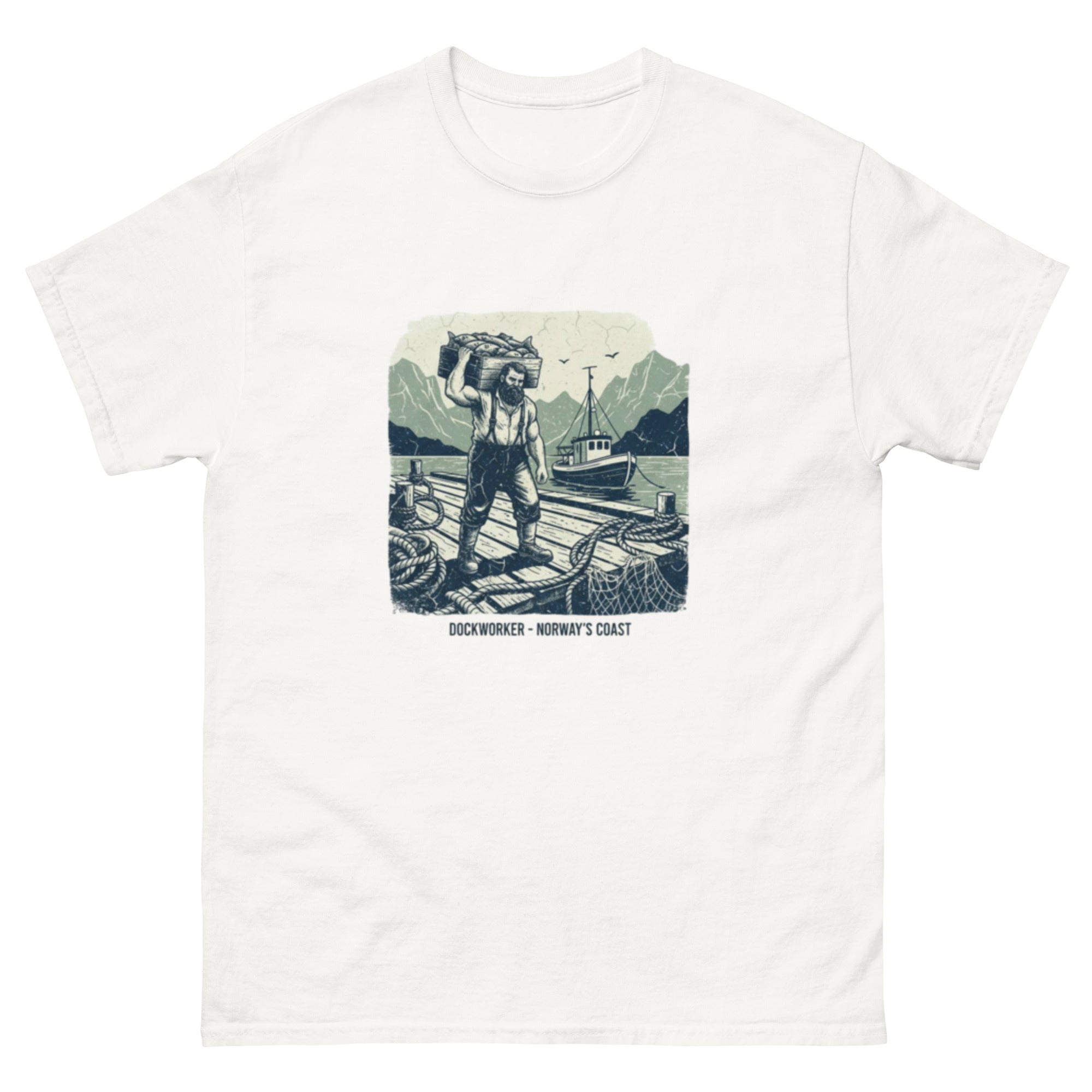T-skjorte med dockworker motiv i vintage stil, inspirert av klassisk workwear og arbeiderkultur