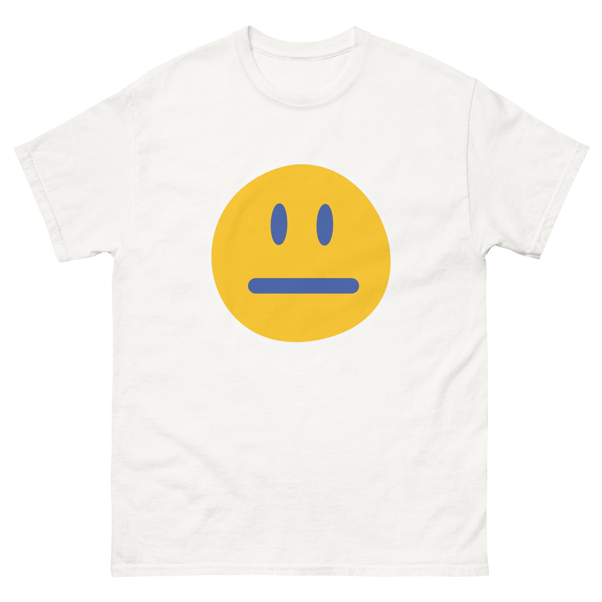 T-skjorte med klassisk smiley motiv i retro stil, enkelt gult smilefjes med nøytralt uttrykk