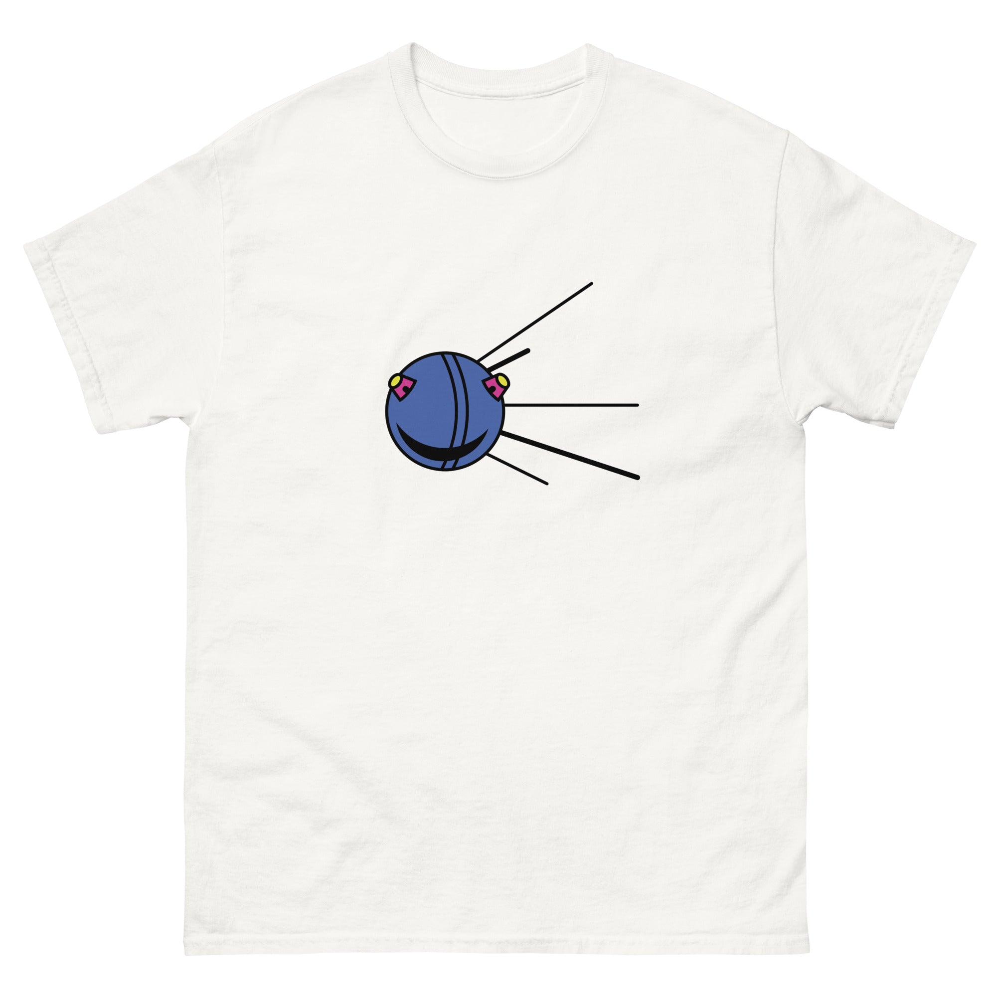 T-skjorte med Sputnik satellitt motiv i retro stil, inspirert av romfart og space age design