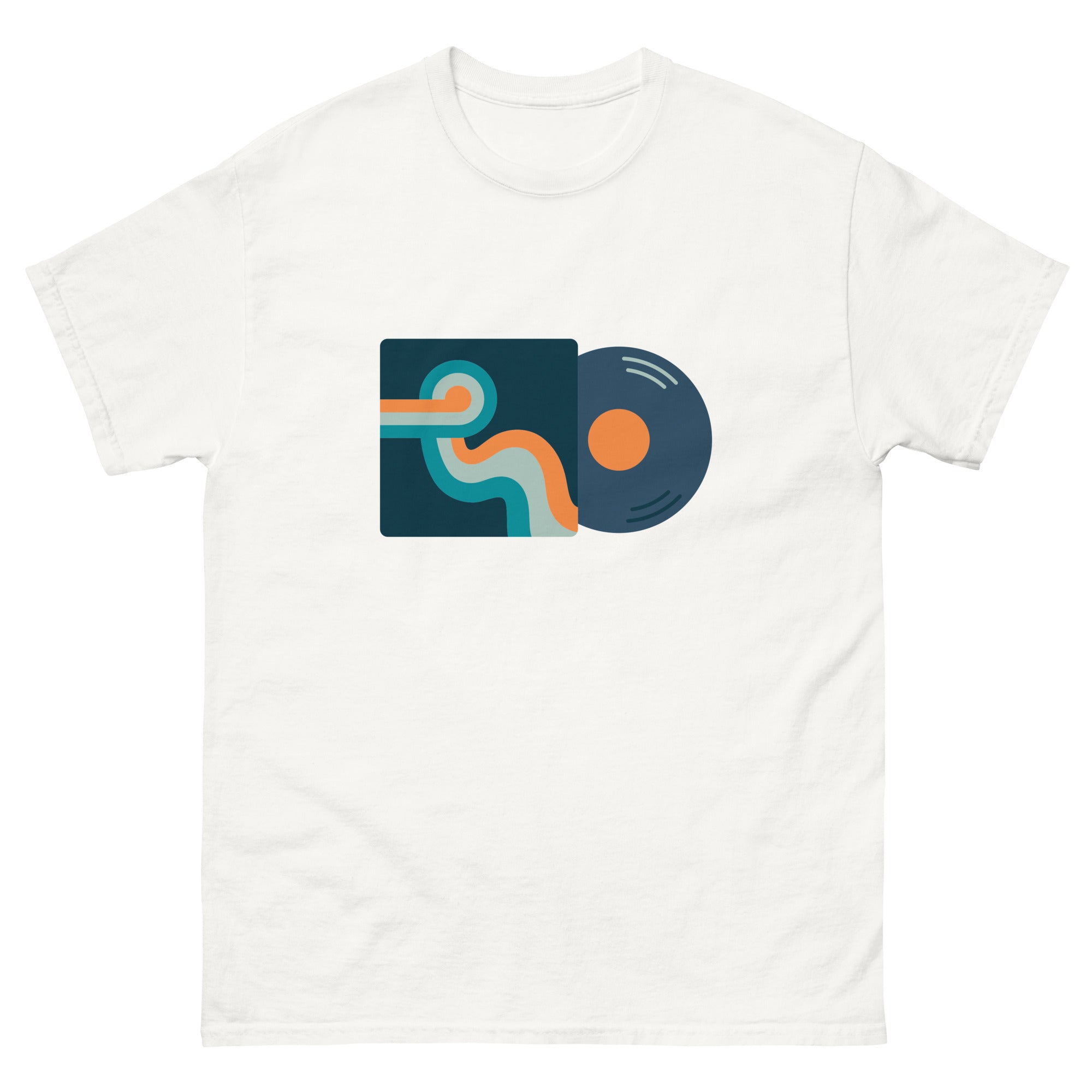 T-skjorte med motiv av vinyl plate i retro stil med varme farger og geometriske former
