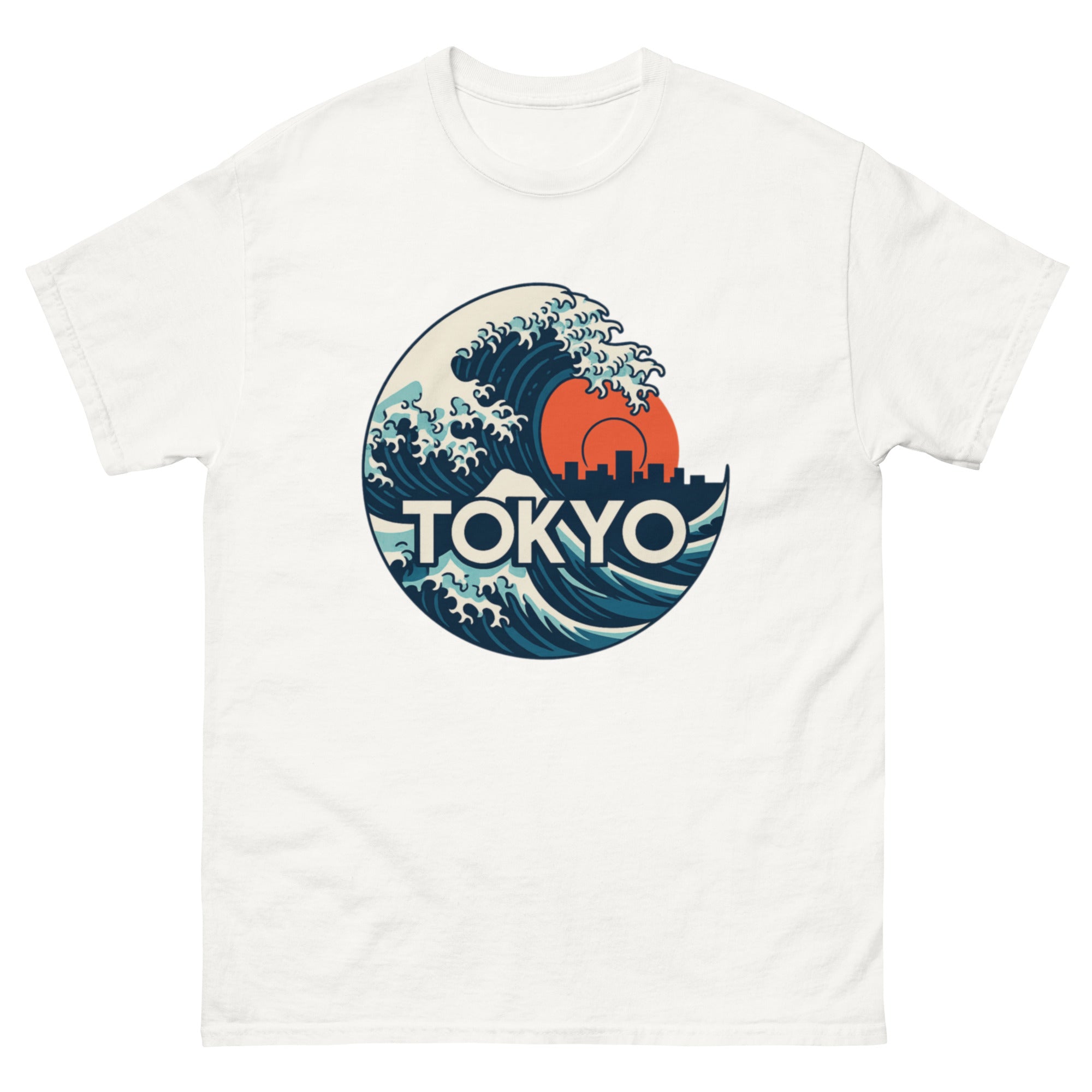 T-skjorte med japansk bølgemotiv og Tokyo skyline, retro inspirert design med klassisk kunstpreg