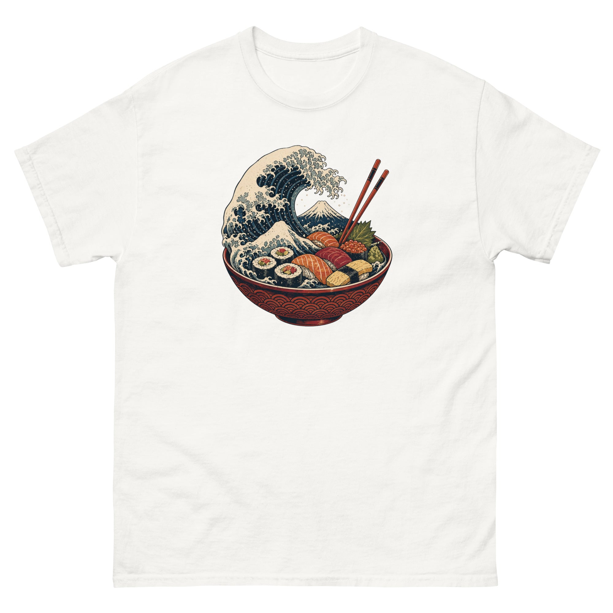 illustrasjon av japansk bølge som reiser seg fra en skål med sushi i ukiyo e stil uten bakgrunn