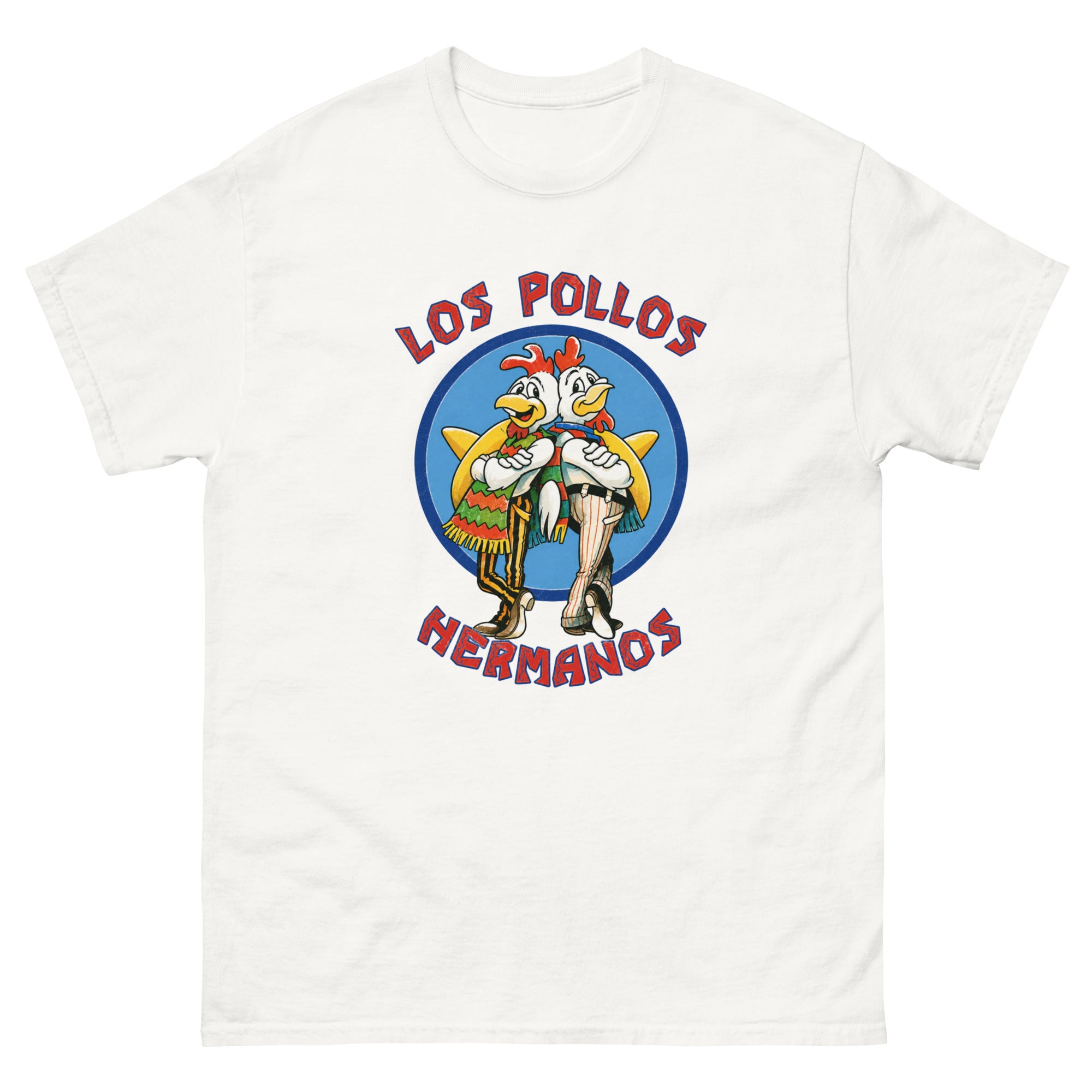 Retro Los Pollos Hermanos-inspirert fastfoodmotiv med to tegneserieaktige kyllingbrødre foran en blå sirkel, røde bokstaver, sterke farger og vintage restaurantlogo-stil på transparent bakgrunn.