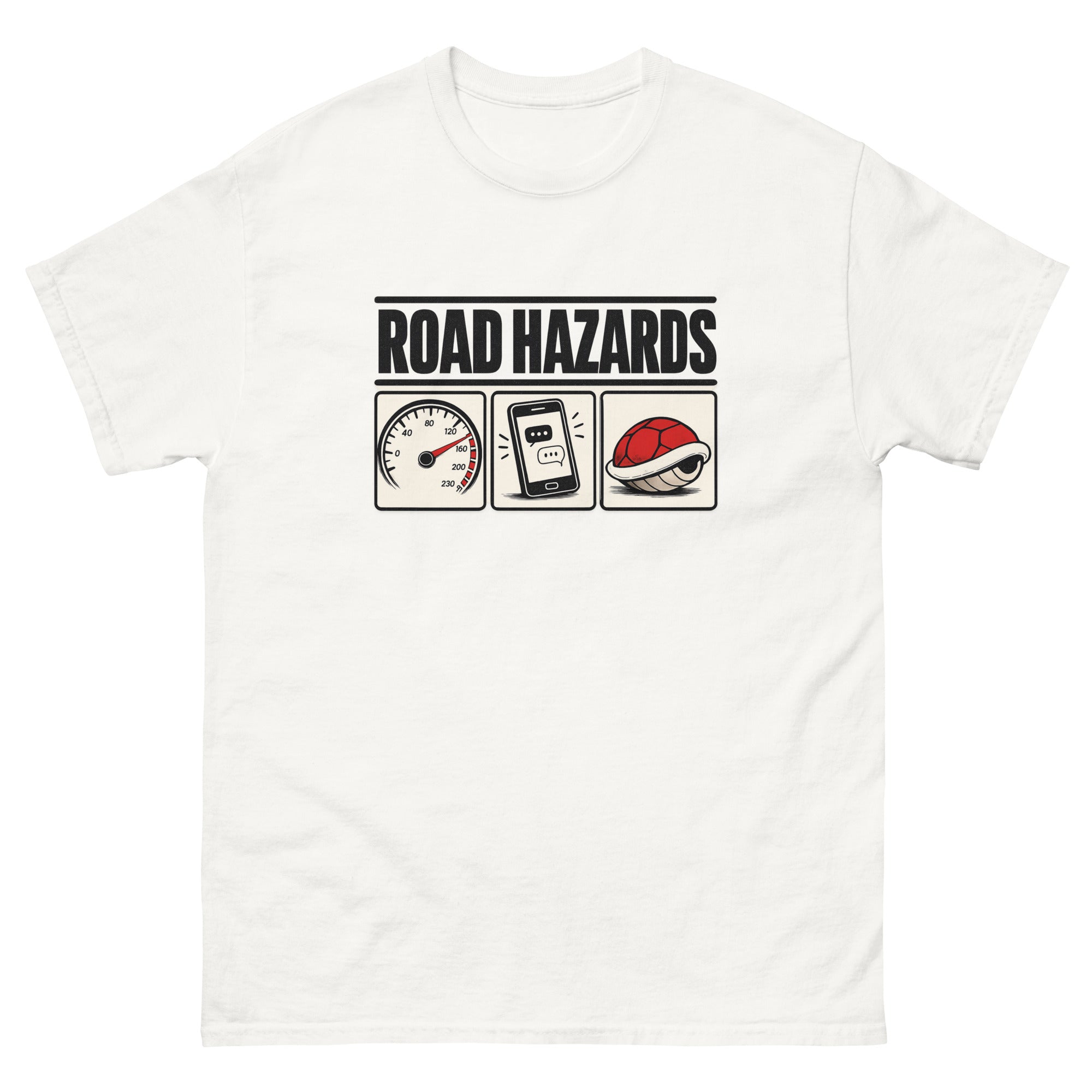 ROAD HAZARDS-design med fartsmåler, mobiltelefon og rødt skilpaddeskall i retro gaming-stil.