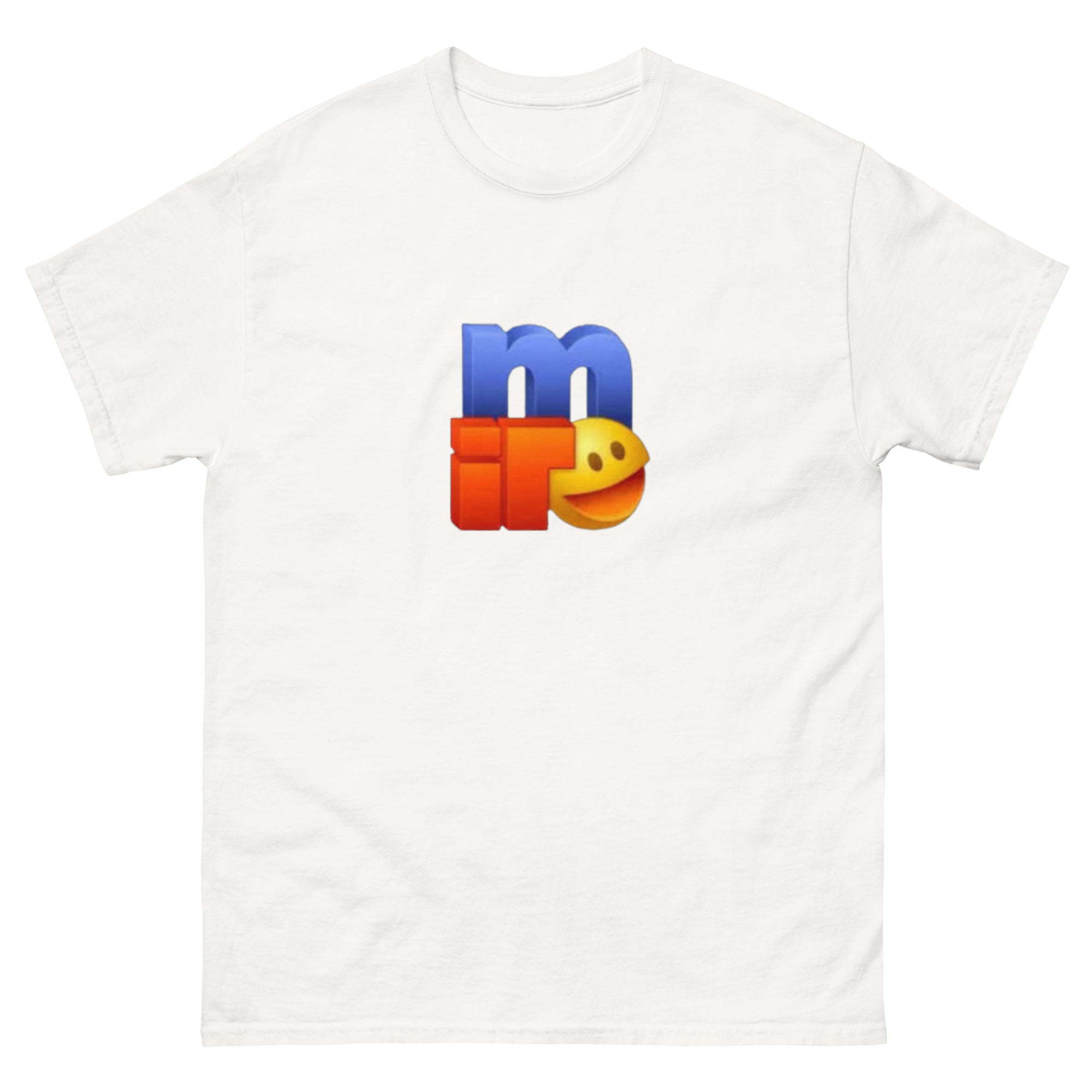 T-skjorte med retro internettmotiv i blanke 3D-bokstaver, sterke farger og smilefjes inspirert av tidlig digital grafikk.