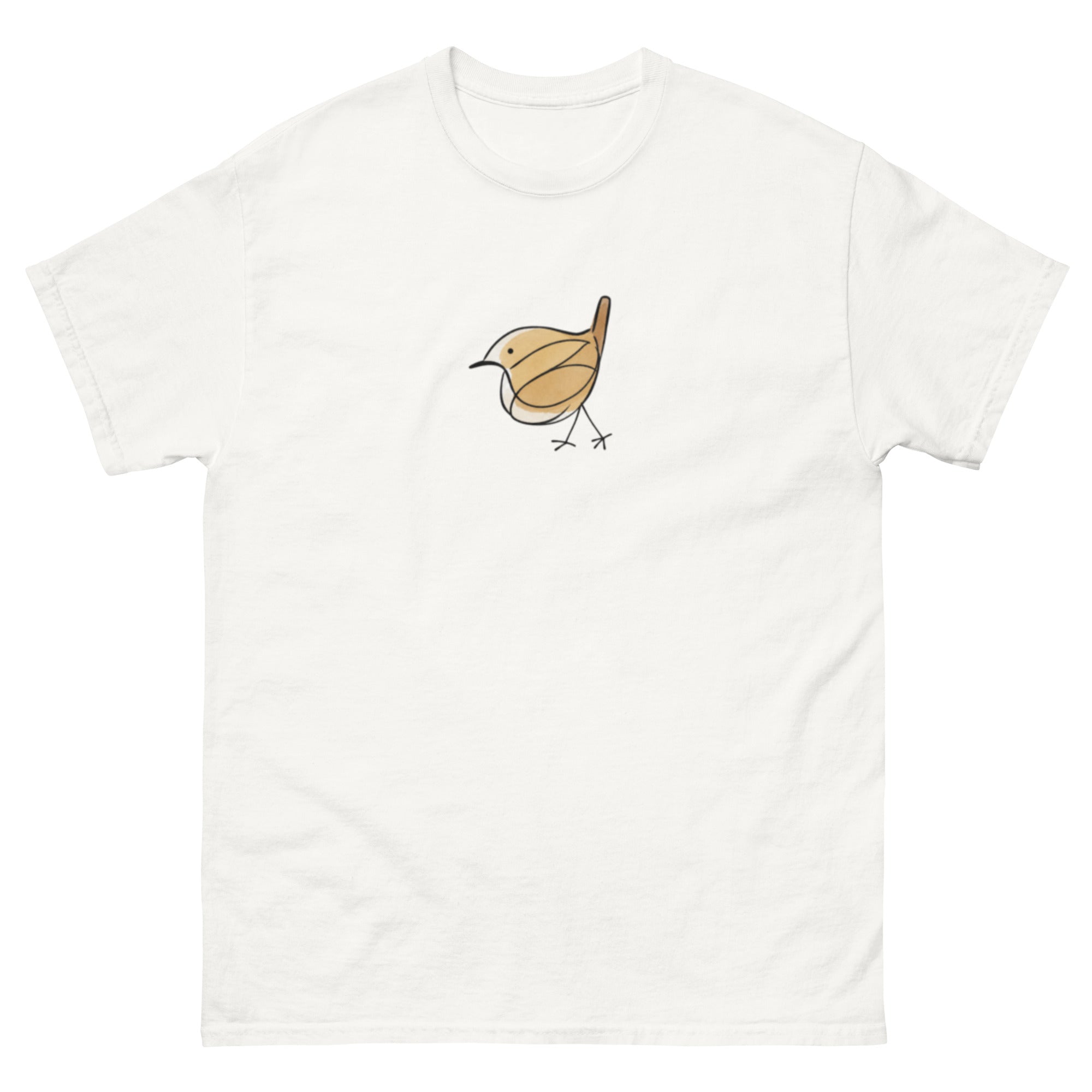 T-skjorte med en minimalistisk småfugl tegnet i svart strek med beige og lysebrune fargeflater.