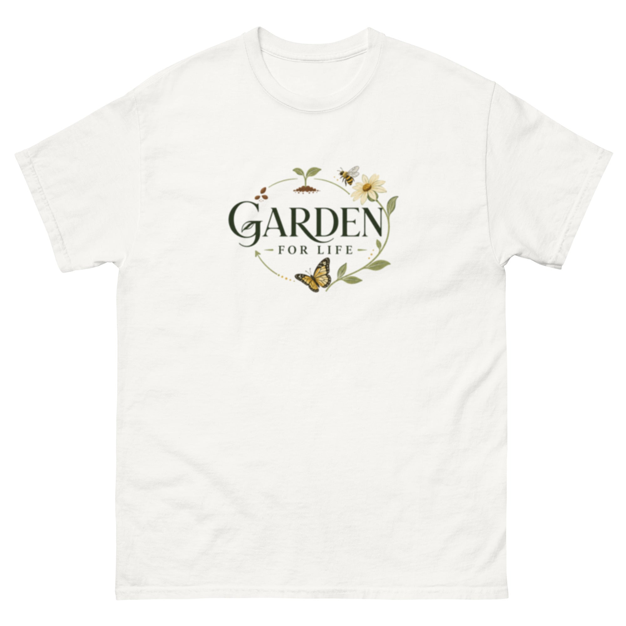 T-skjorte med teksten Garden for Life og elementer fra hagens livssyklus med frø, spire, blomst, bie og sommerfugl.