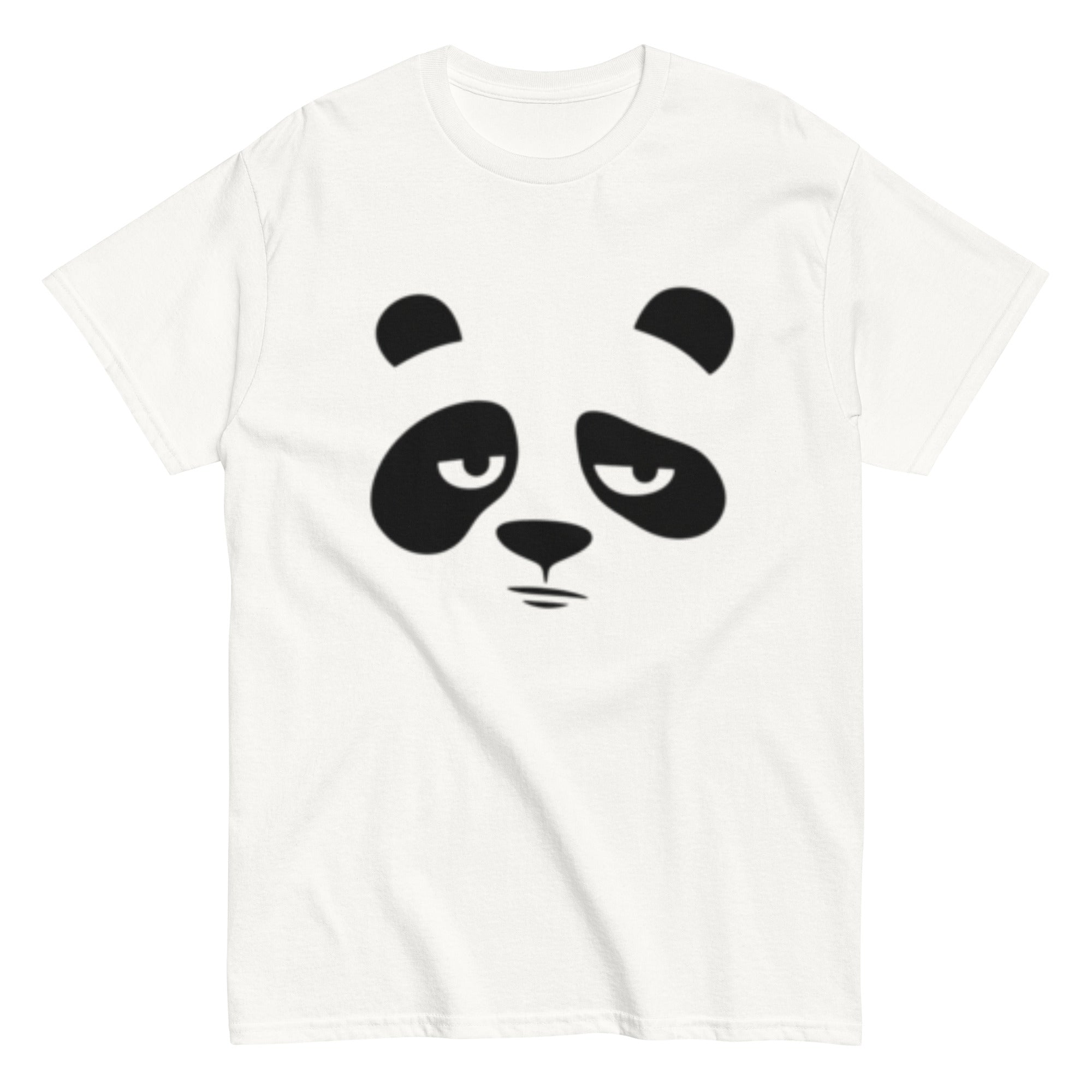Minimalistisk panda t-skjorte med enkelt svart-hvitt pandaansikt på transparent bakgrunn.