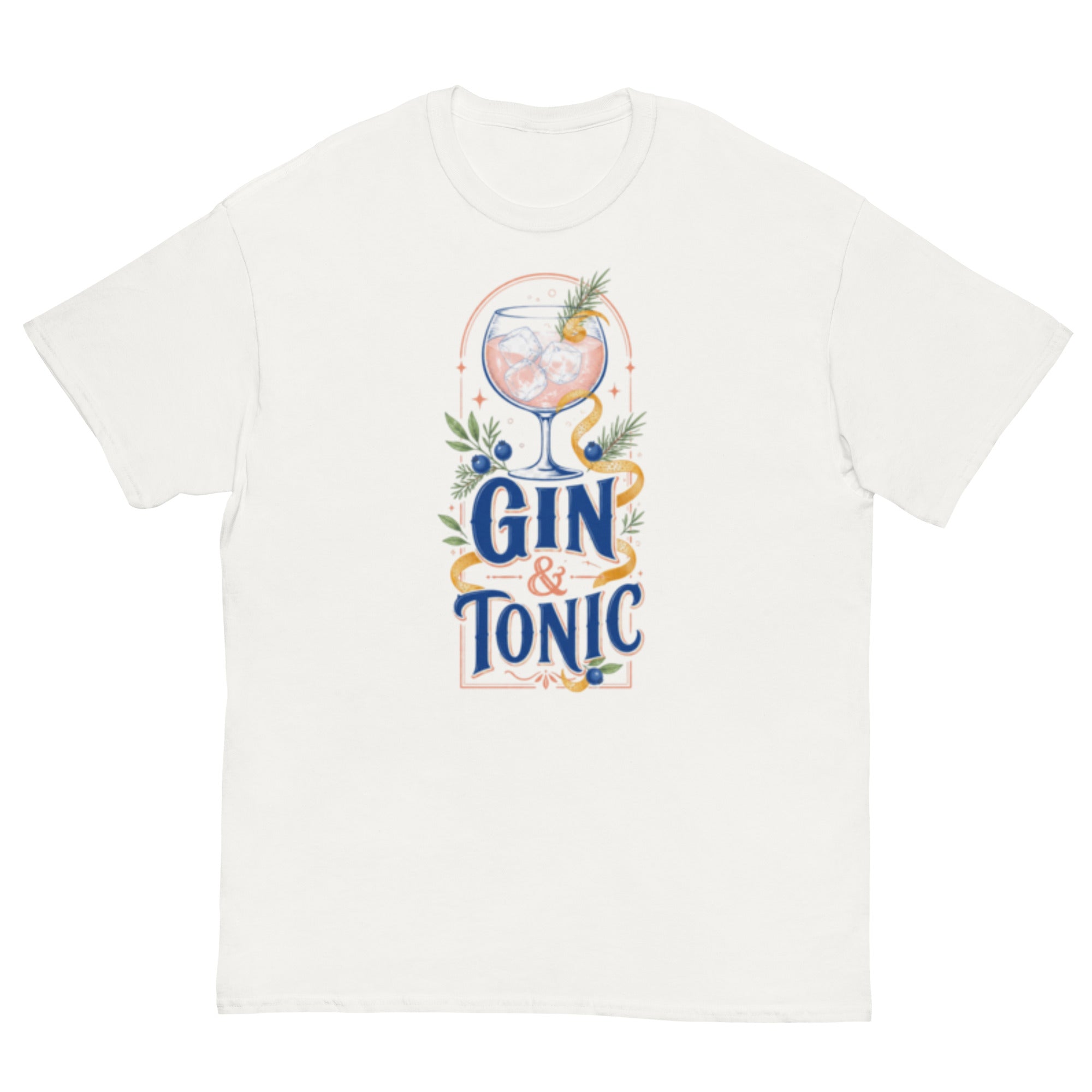 Gin og tonic t-skjorte med stort cocktailglass, isbiter, sitrusskall, einerbær og botaniske detaljer i blått, korall, grønt og gult.