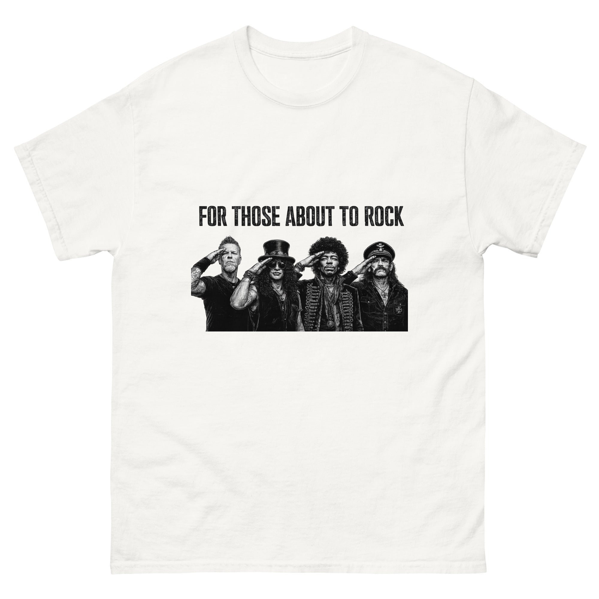 Vintage rock-illustrasjon med fire hardrock-inspirerte musikere som gjør honnør under teksten "For Those About to Rock".
