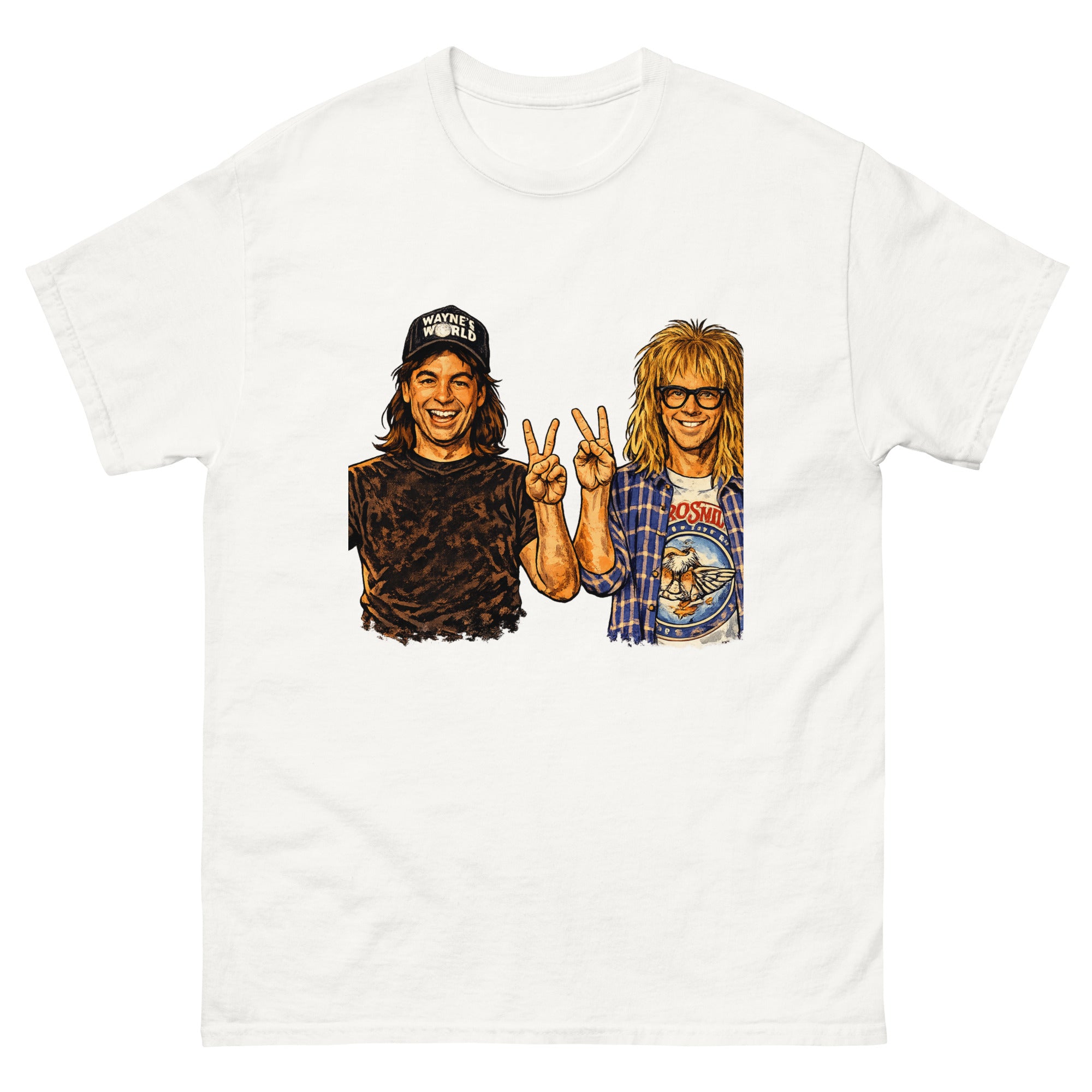 Illustrasjon inspirert av Wayne's World som viser to smilende rockevenner med fredstegn, langt hår og klassisk 90-tallsstil. Humoristisk design for fans av kultfilmer, rock og nostalgisk popkultur.