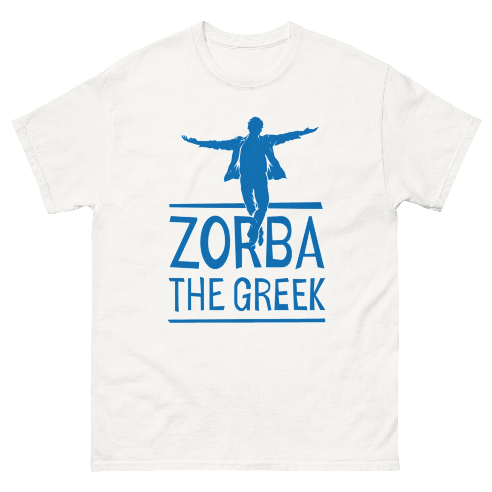Minimalistisk silhuett av en mann med utstrakte armer over teksten «Zorba the Greek». Design inspirert av den klassiske filmen og den ikoniske greske dansescenen, perfekt for fans av Hellas og filmnostalgi.