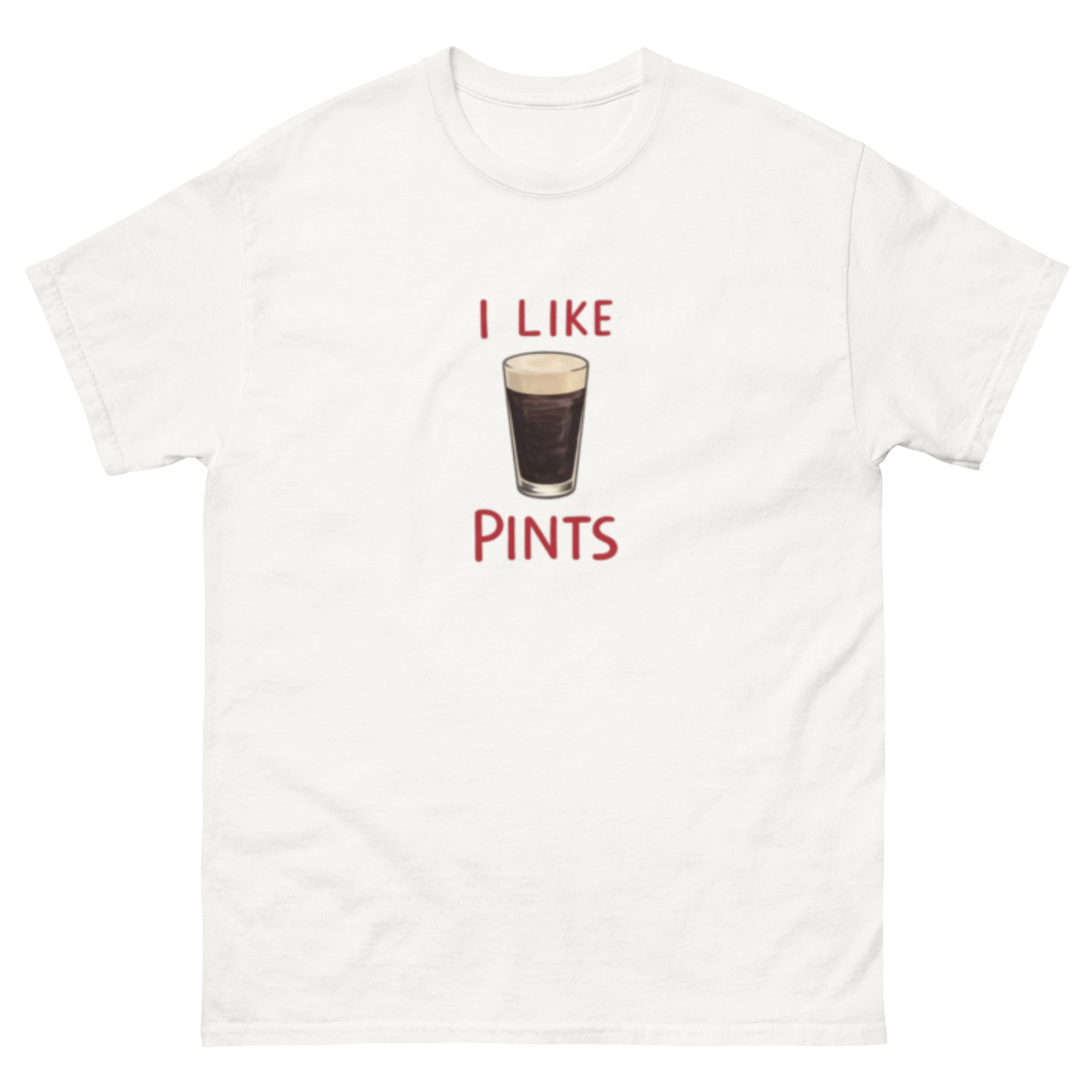 T-skjorte med håndtegnet pintglass med mørkt øl og teksten «I Like Pints» i røde bokstaver.
