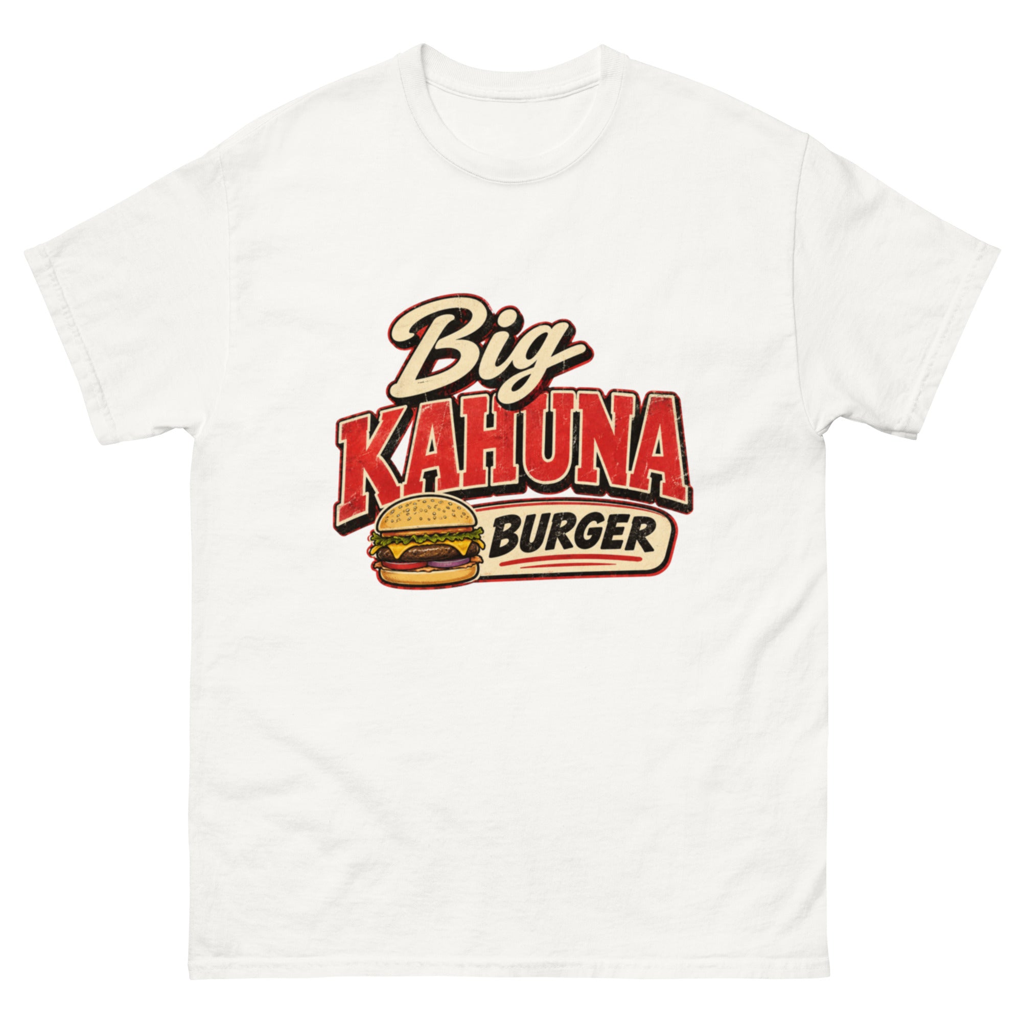 Retro Big Kahuna Burger-motiv med stor rød tekst og cheeseburger, inspirert av den fiktive burgerkjeden fra Pulp Fiction.