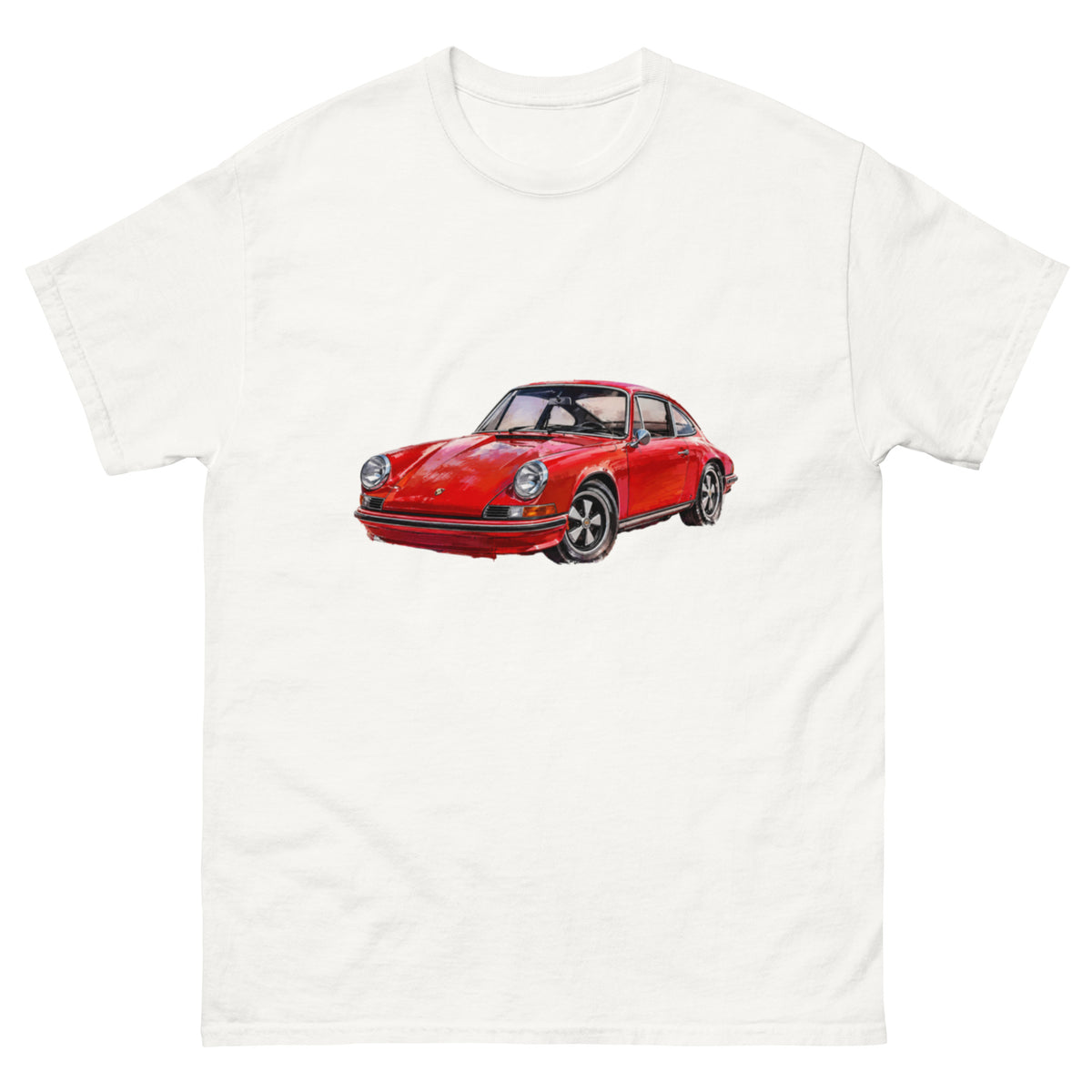 Porsche 911 T-skjorte med klassisk rød sportsbil i retro illustrasjonsstil