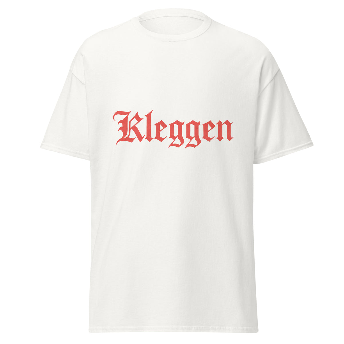 Kleggen T-skjorte med ordet Kleggen i store røde gotiske bokstaver, inspirert av Jokke & Valentinerne og låta Kleggen & Knugern.