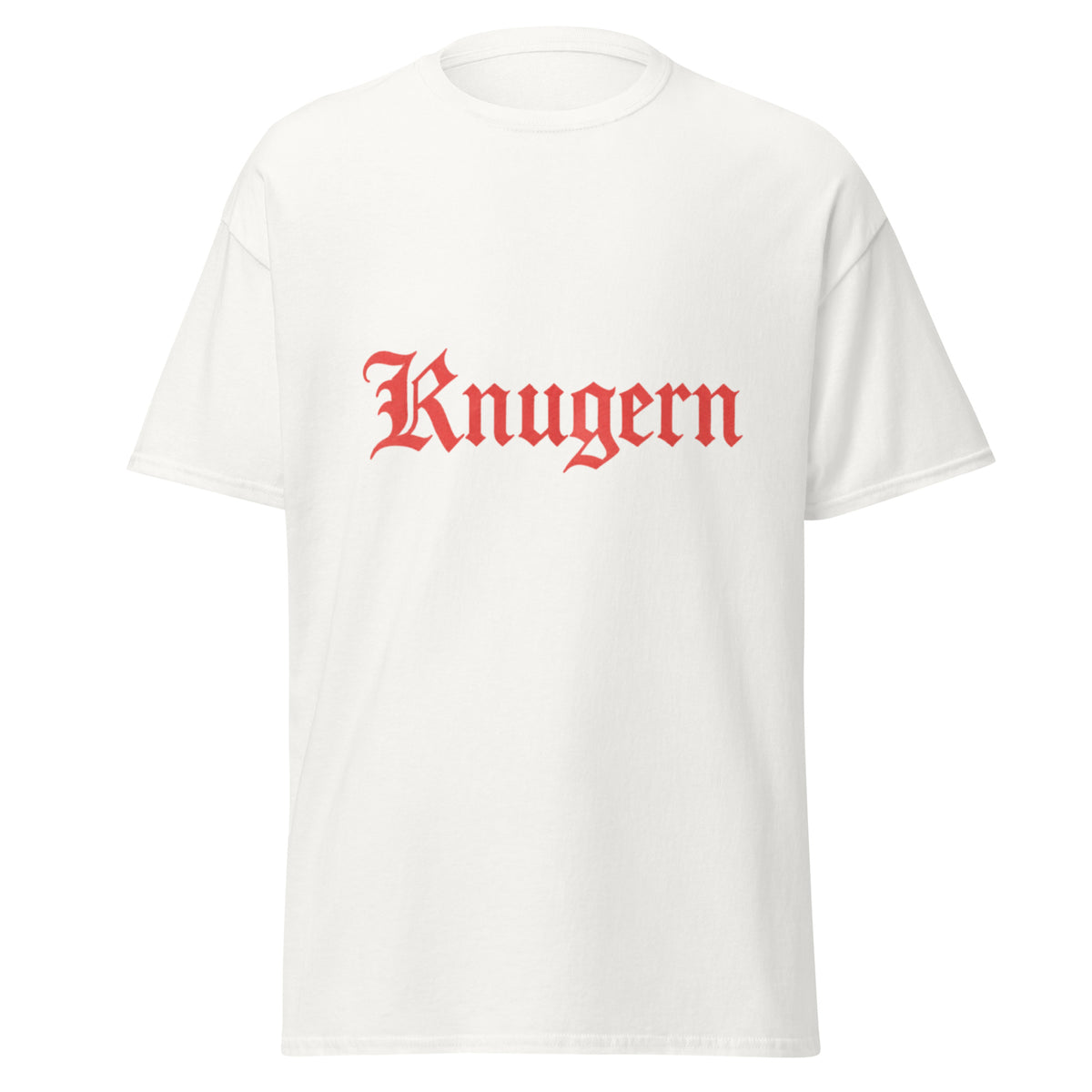Knugern T-skjorte med Knugern i store røde gotiske bokstaver, inspirert av Jokke & Valentinerne og Kleggen & Knugern.