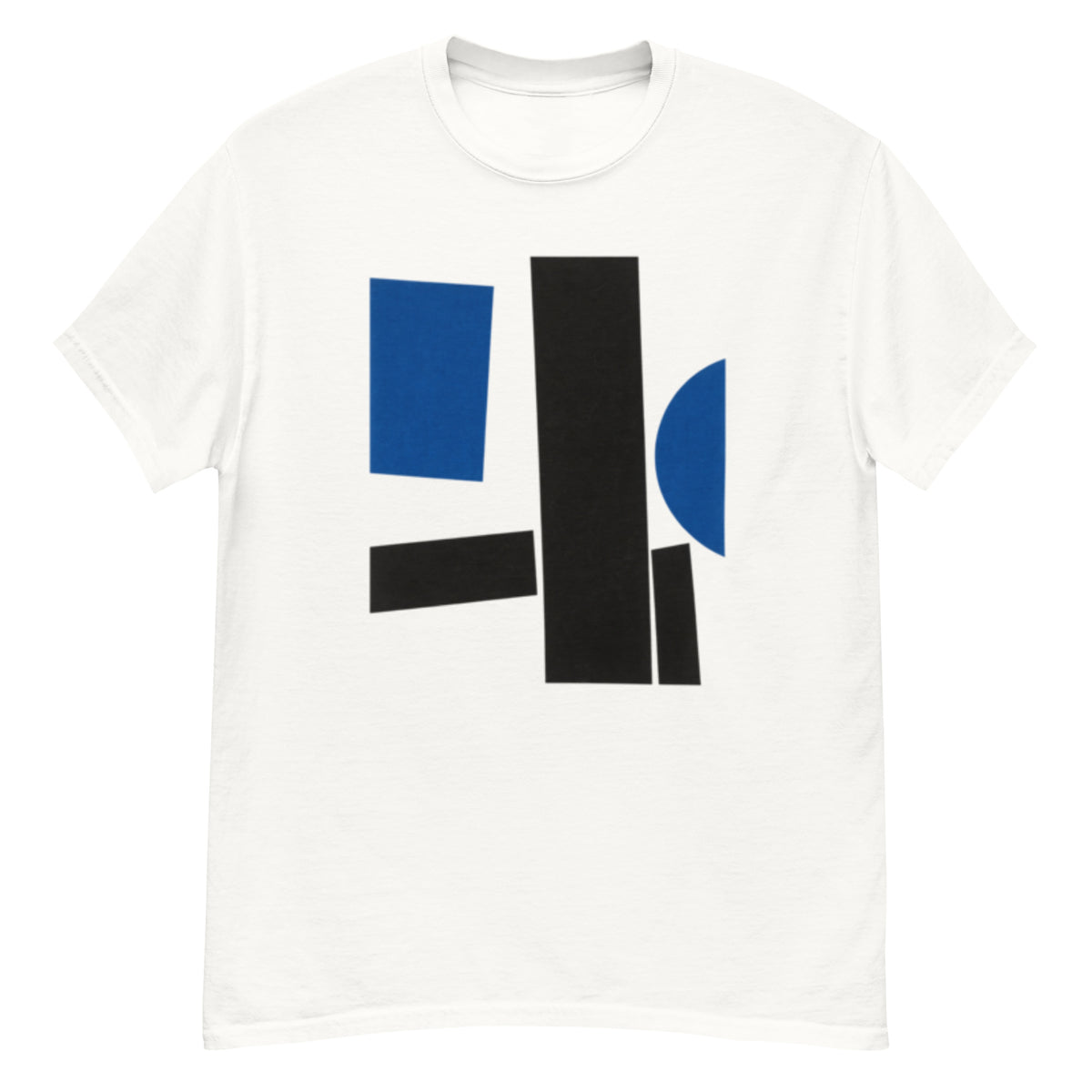 T-skjorte med abstrakt jazzmotiv i svart, koboltblått og offwhite, bygget av store asymmetriske flater inspirert av klassisk Blue Note-coverdesign.
