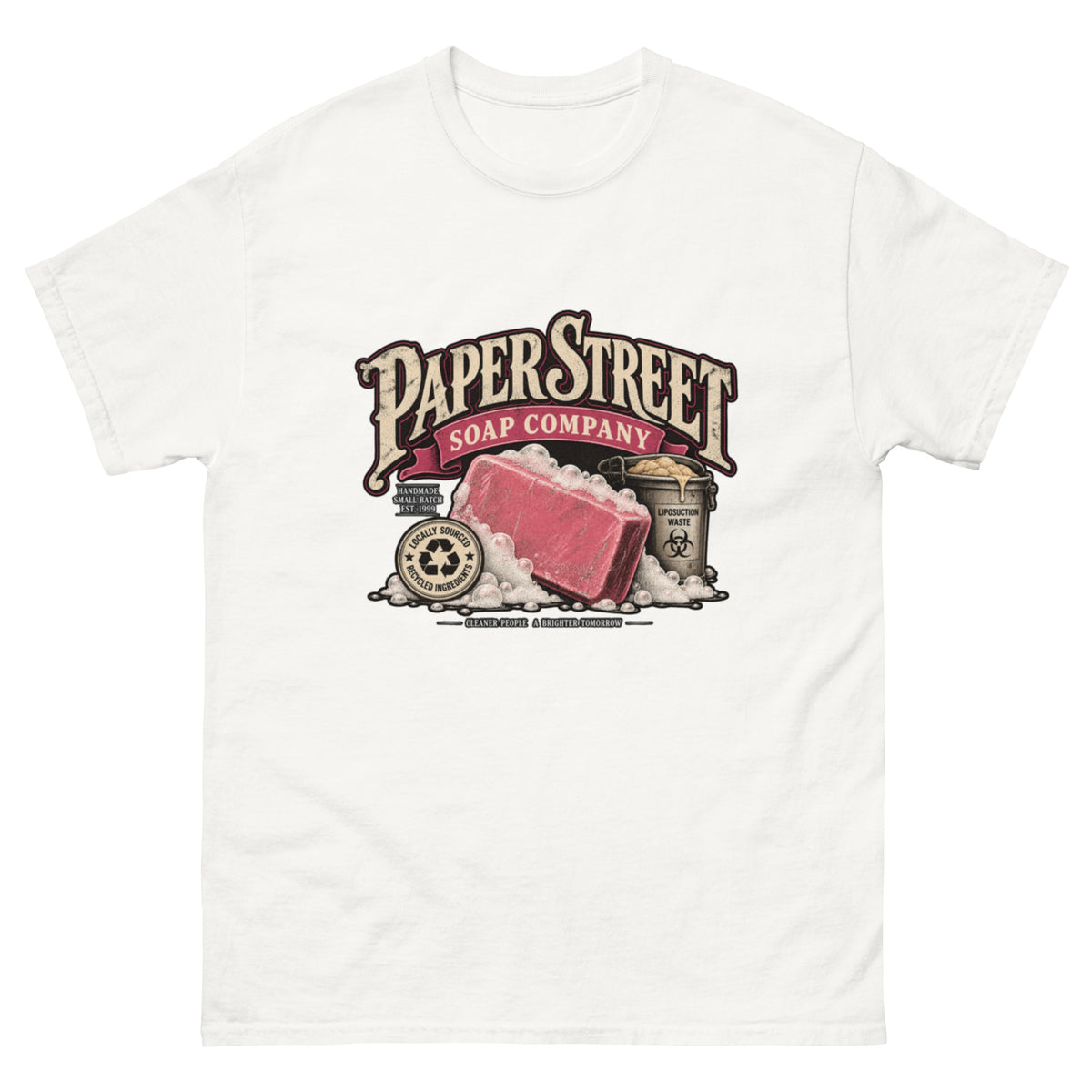 Paper Street Soap Company motiv med rosa såpe, såpeskum og vintage etikett inspirert av Fight Club og filmens såpeproduksjon.