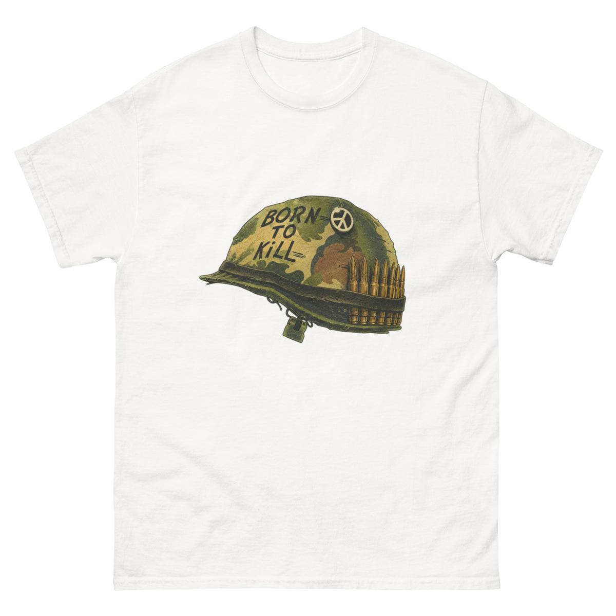 Full Metal Jacket-inspirert militærhjelm med Born to Kill-tekst, fredssymbol, kamuflasjemønster og patroner i slitt retrostil.