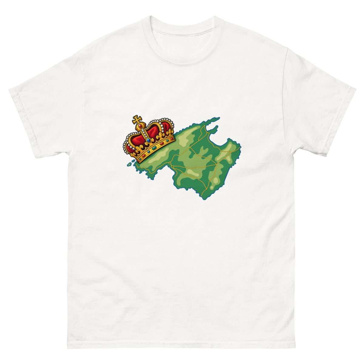 Grønt kamuflasjefarget kart over Mallorca med stor kongekrone i gull, rødt og juvelfarger.