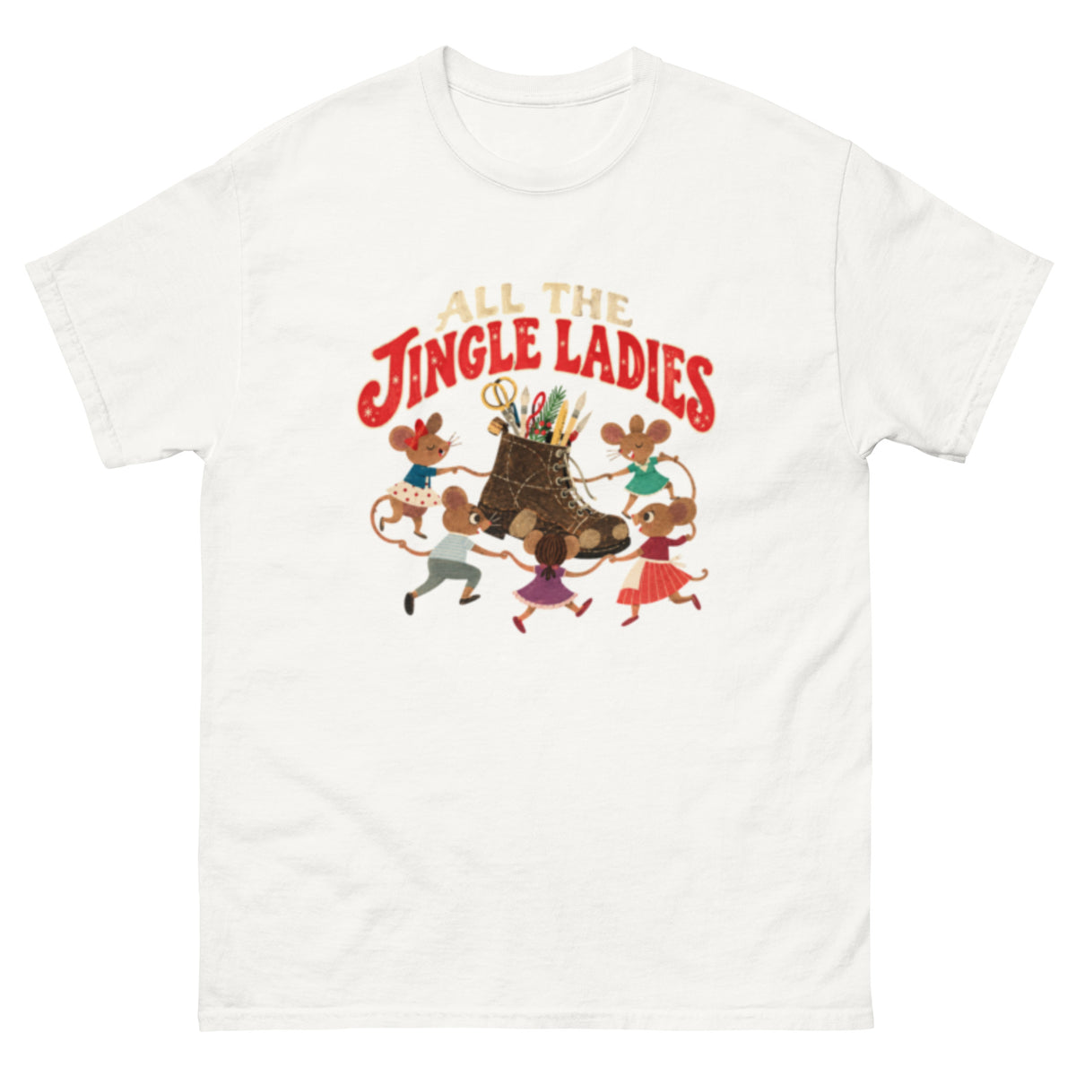 Fem dansende mus i fargerike kjoler holder hverandre i halene rundt en gammel støvel. Julemotiv inspirert av Alf Prøysens Musevisa med teksten All the Jingle Ladies.