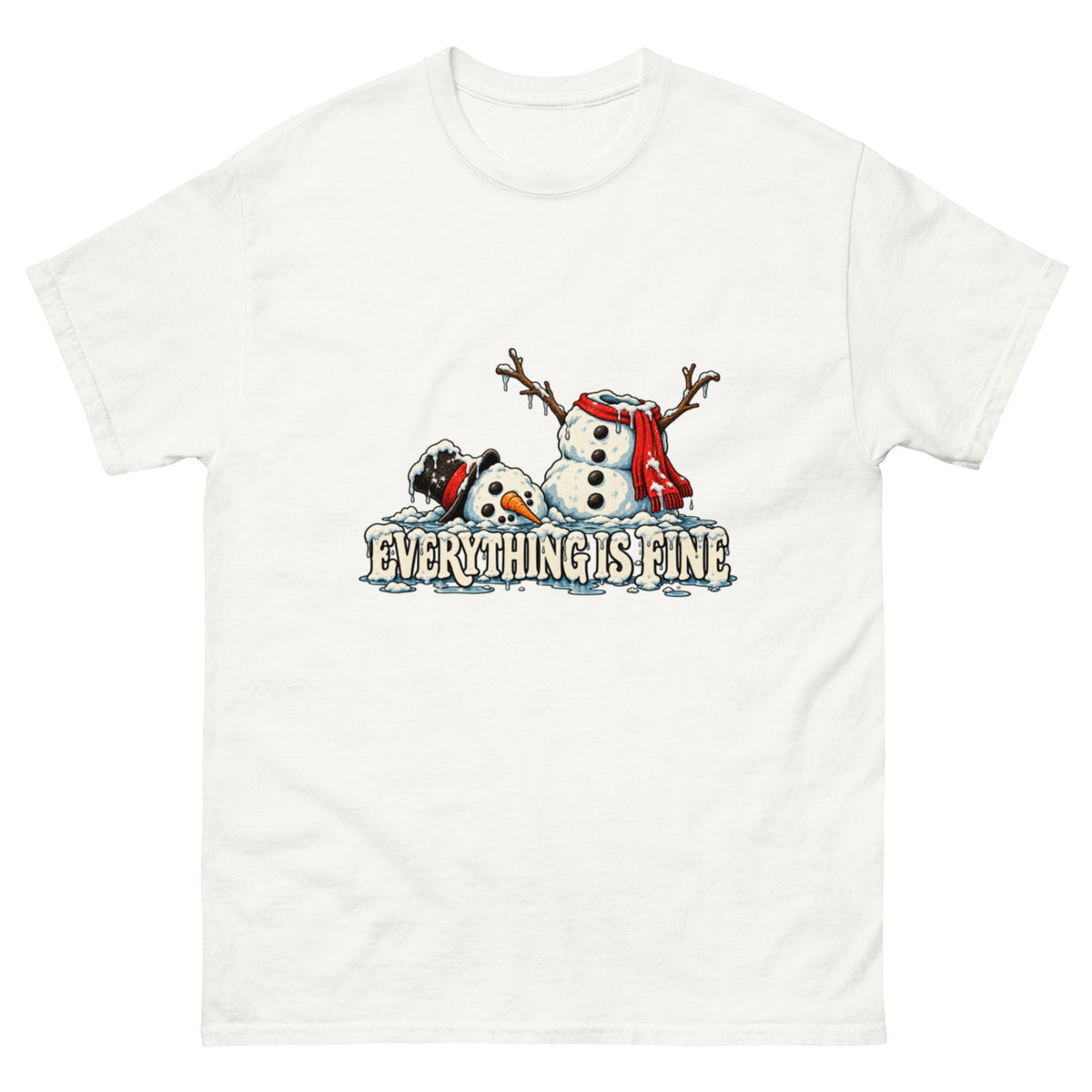 Everything Is Fine T-skjorte med humoristisk illustrasjon av en smeltende snømann med rødt skjerf, hodet på bakken og snødekt tekst i retrostil. Kopier