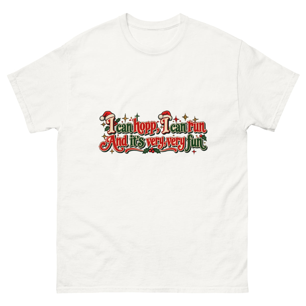 I Can Hop I Can Run Støveldance T-skjorte med rød, grønn og kremhvit retrotypografi, nisseluer og juledekorasjoner, inspirert av The Julekalender.