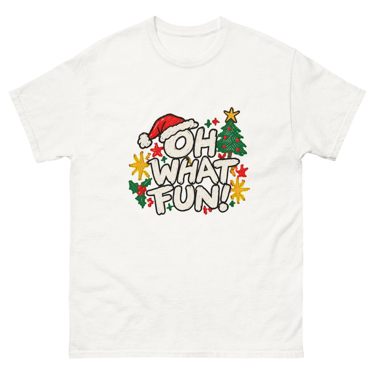 Retro julemotiv med teksten Oh What Fun i store kremhvite bokstaver, rød nisselue, pyntet juletre, kristtorn og fargerike julestjerner i nostalgisk stil.
