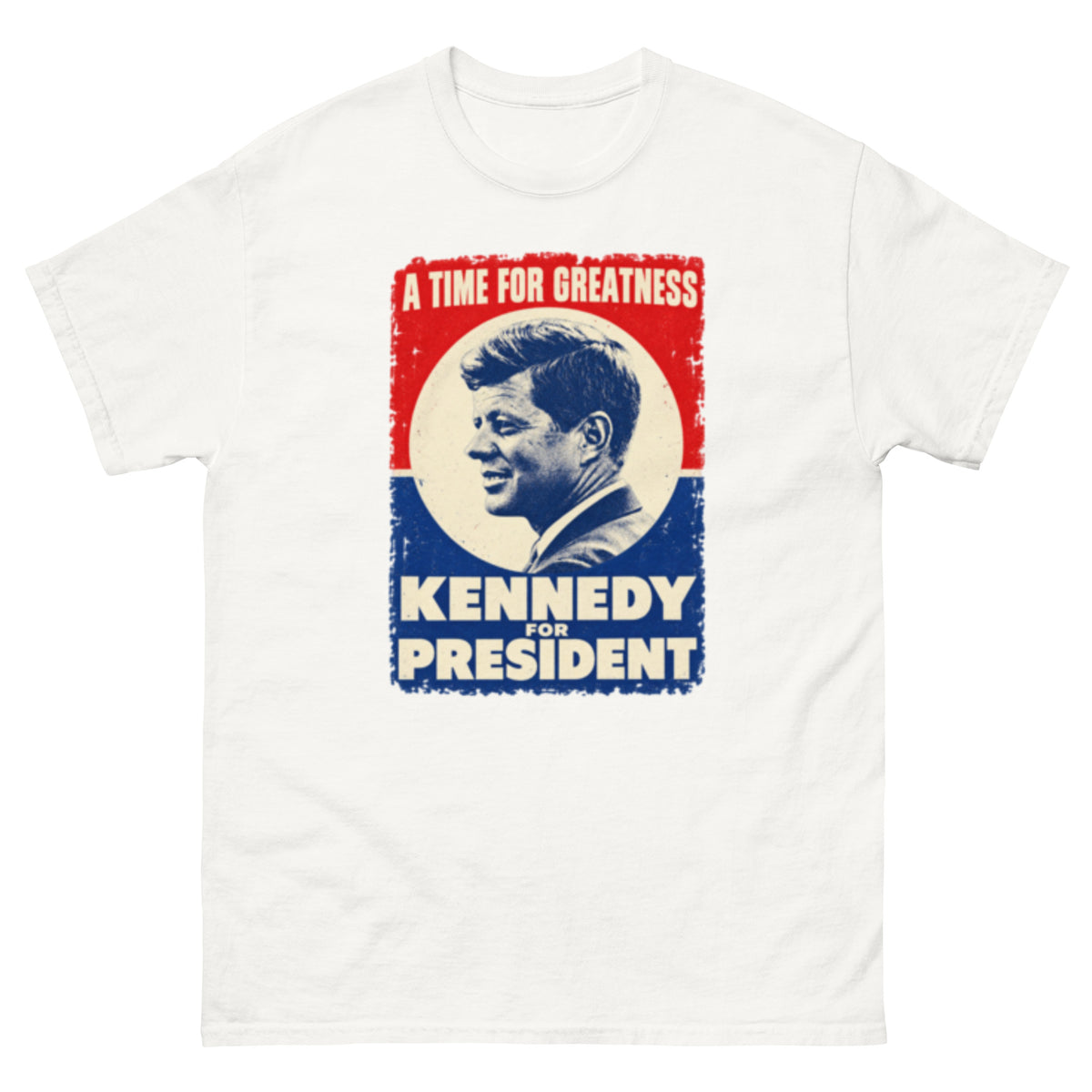 Portrett av John F. Kennedy vendt mot venstre i en kremhvit sirkel, med røde og blå felt, slitte kanter og tekstene «A Time for Greatness» og «Kennedy for President».