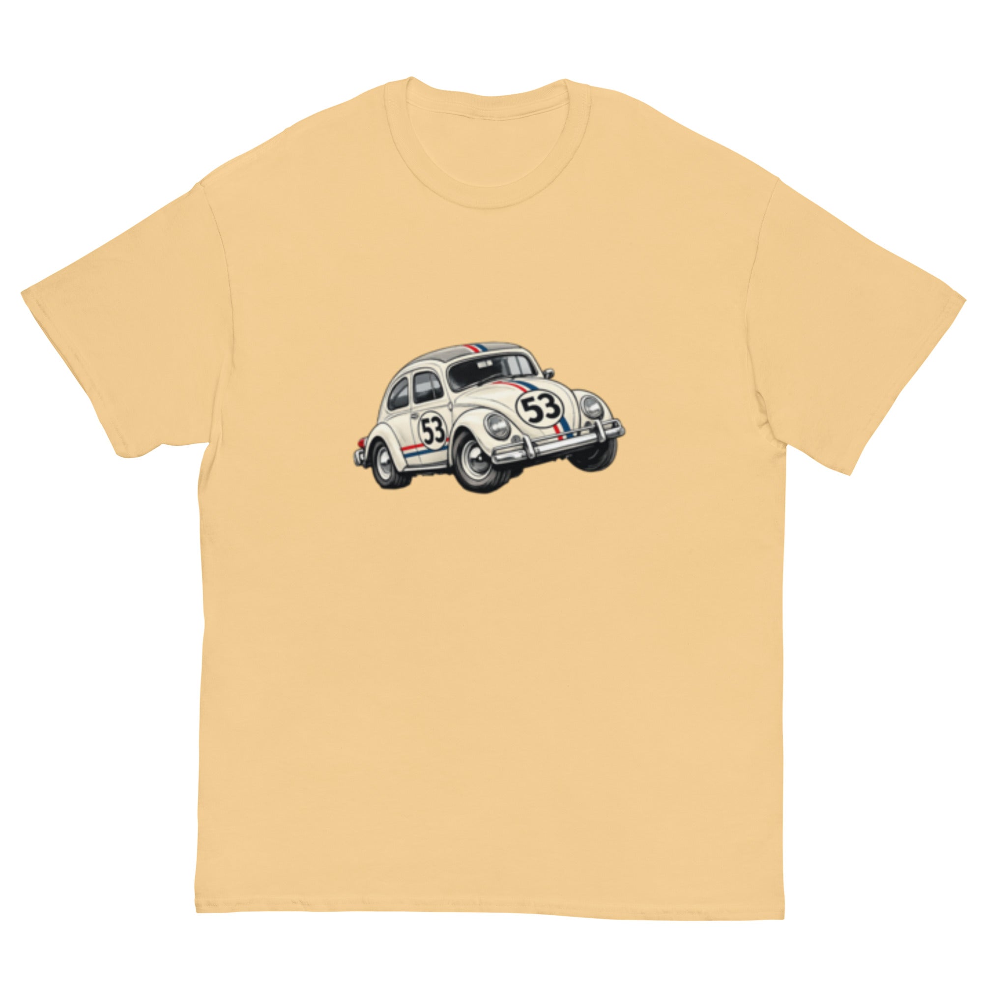 T-skjorte med håndtegnet kremhvit Volkswagen Boble i fart, startnummer 53 og røde og blå racingstriper inspirert av Herbie.