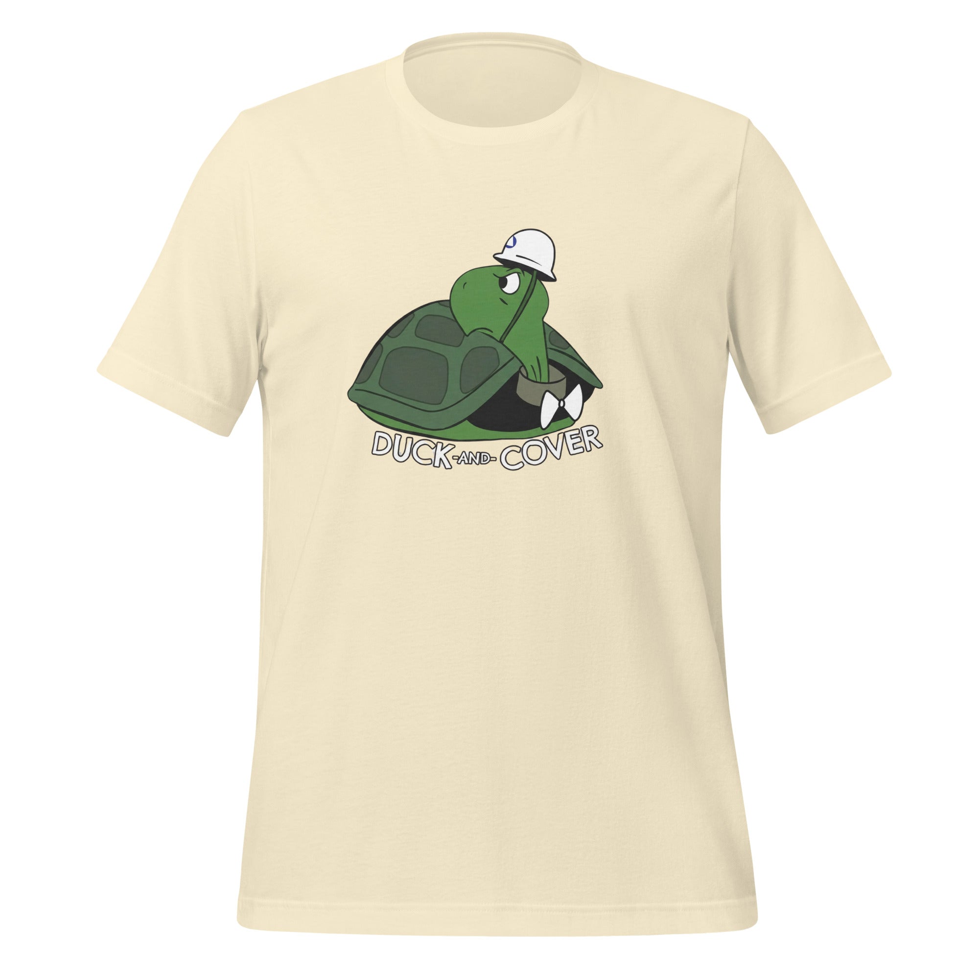 T-skjorte med Bert the Turtle inspirert motiv fra 1951, vintage stil og kald krig skolefilm uttrykk
