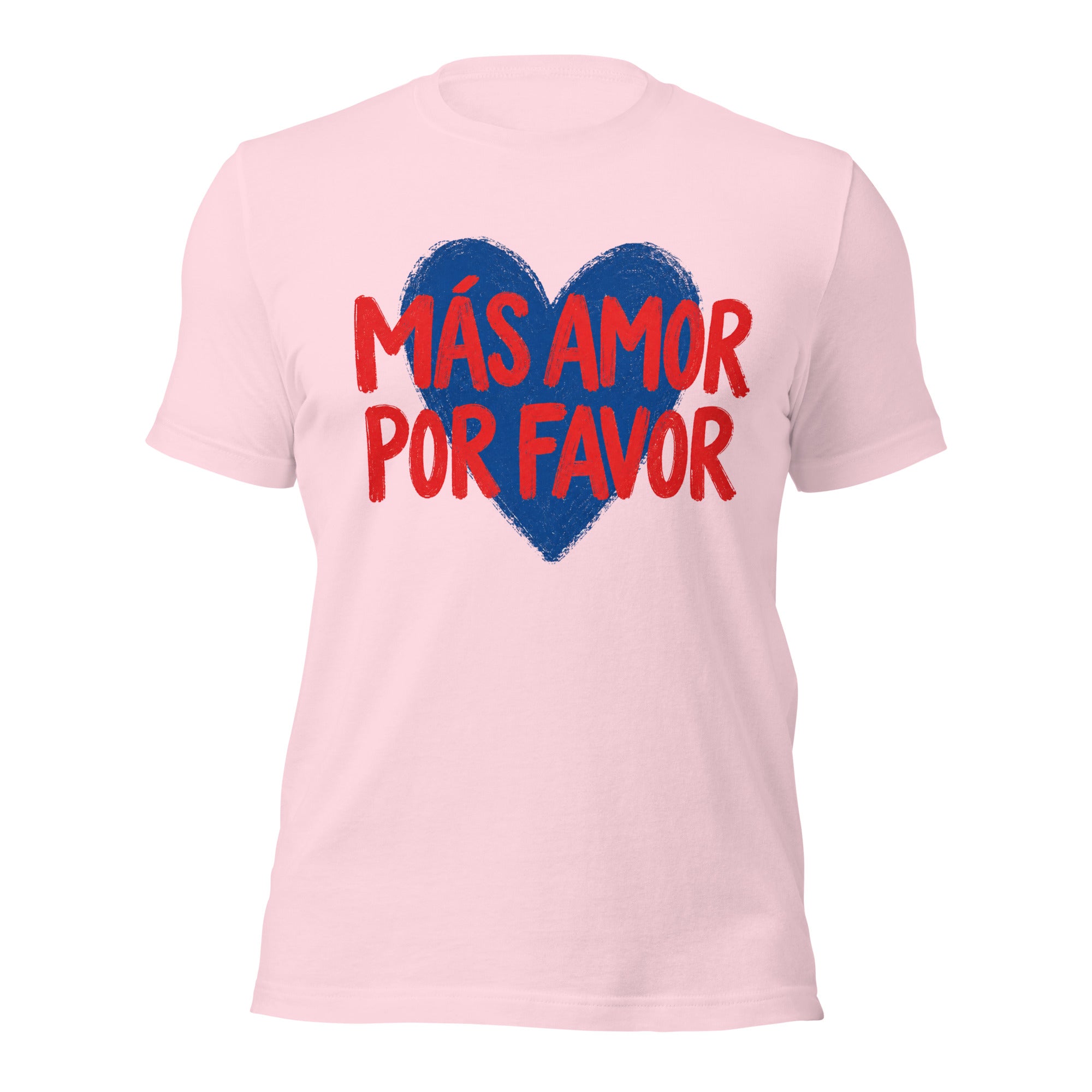 Más Amor Por Favor t-skjorte med rød håndtegnet tekst over et blått hjerte, i retro håndmalt stil.