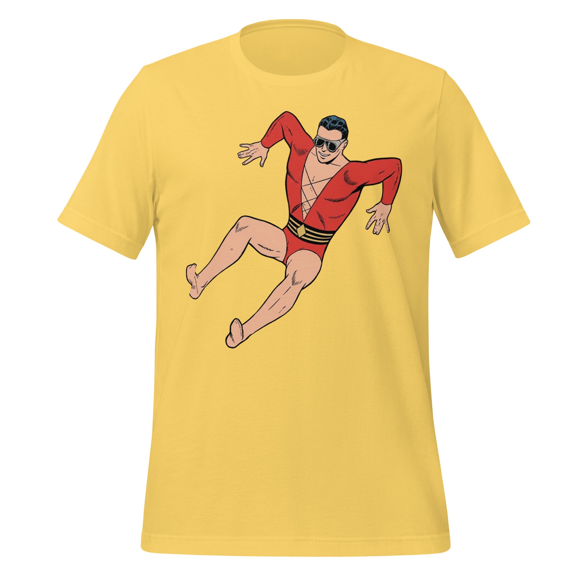 T-skjorte med elastisk superhelt i retro tegneseriestil, inspirert av klassiske comic book uttrykk