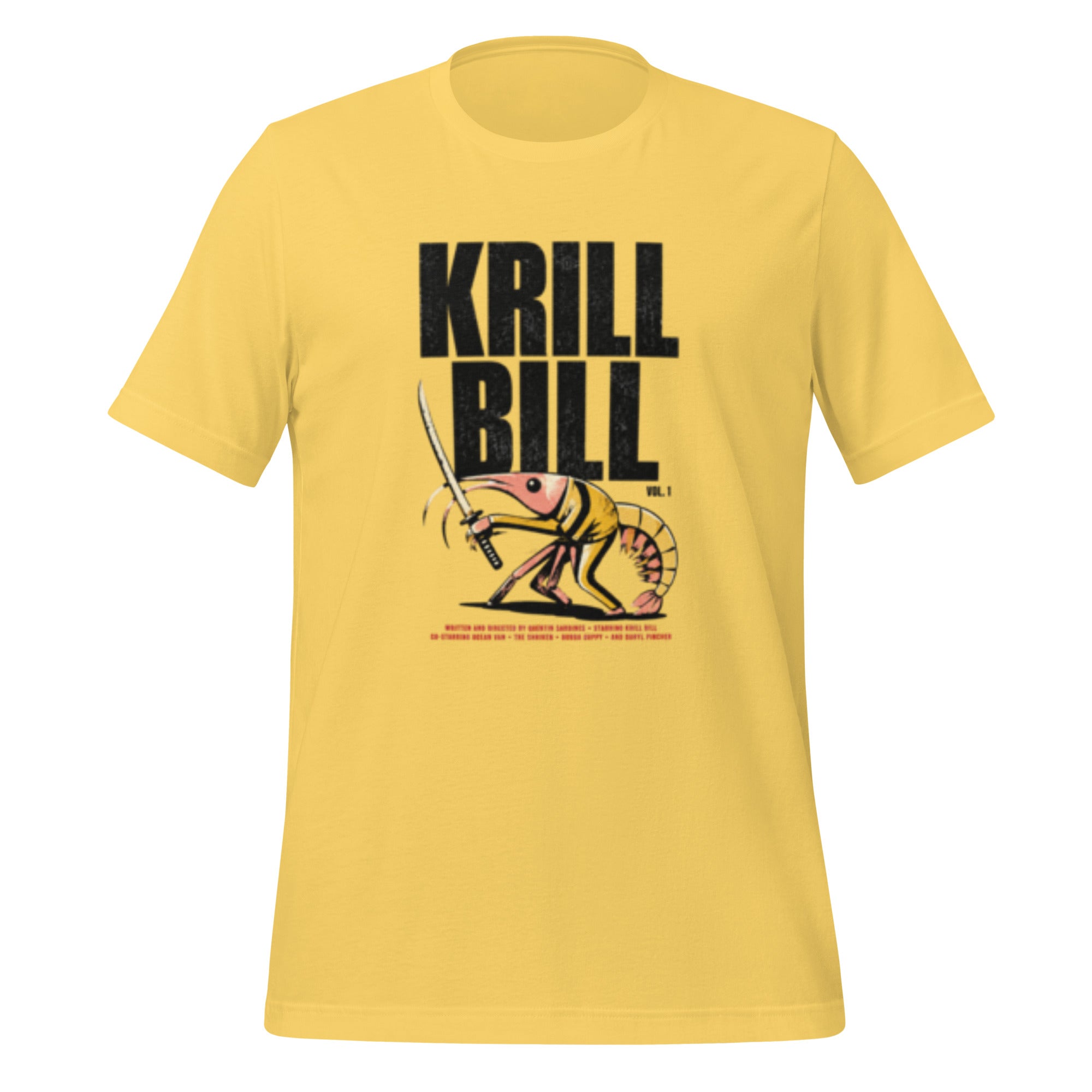 T-skjorte med Krill Bill-design, svart filmplakattypografi og en krill med katana i gul actionparodi-stil.